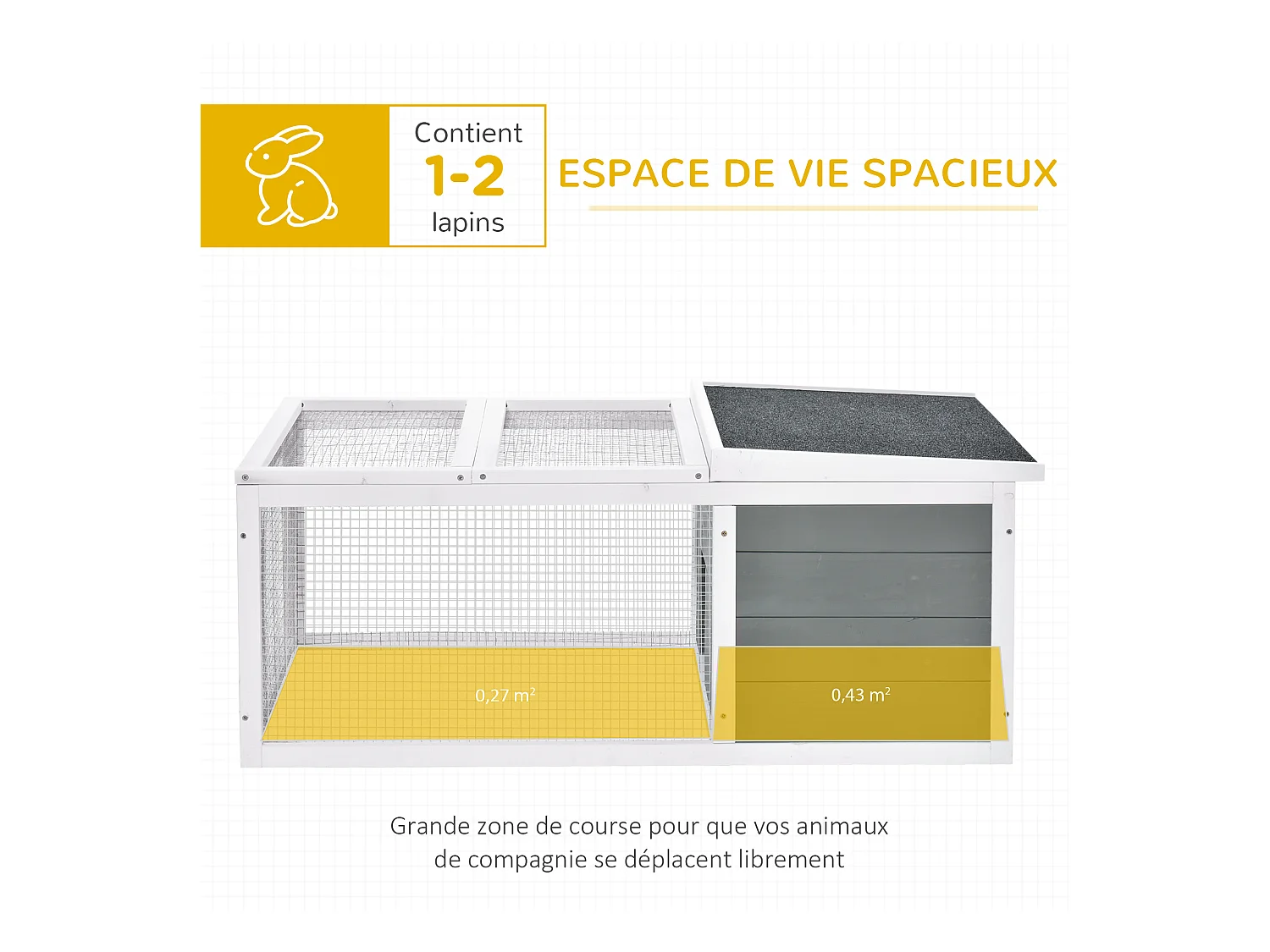 Clapier de sol enclos extérieur niche porte double toit ouvrant fil métallique bois sapin pré-huilé peint gris blanc