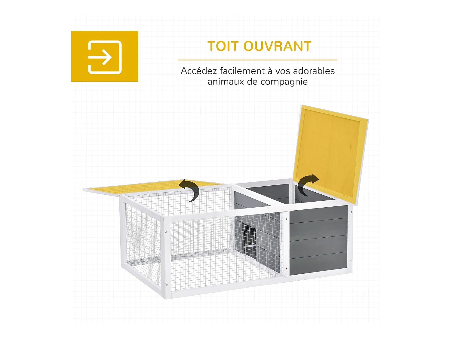 Clapier de sol enclos extérieur niche porte double toit ouvrant fil métallique bois sapin pré-huilé peint gris blanc