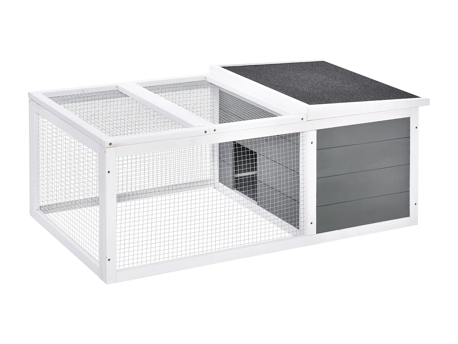 Clapier de sol enclos extérieur niche porte double toit ouvrant fil métallique bois sapin pré-huilé peint gris blanc