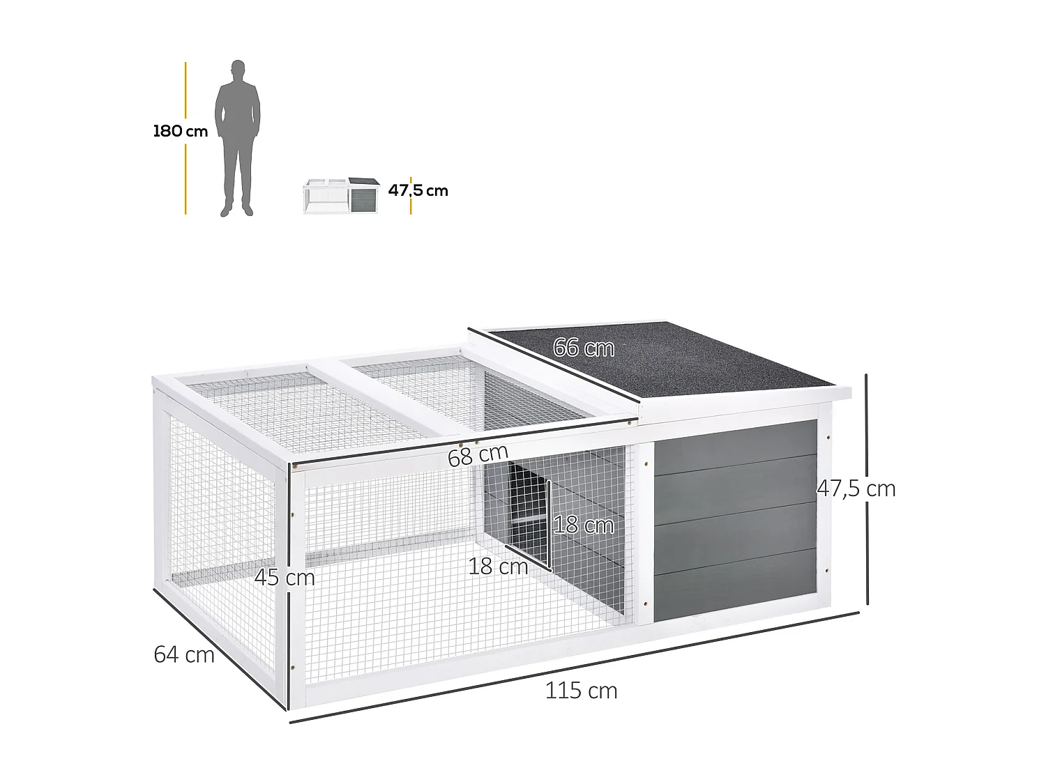 Clapier de sol enclos extérieur niche porte double toit ouvrant fil métallique bois sapin pré-huilé peint gris blanc
