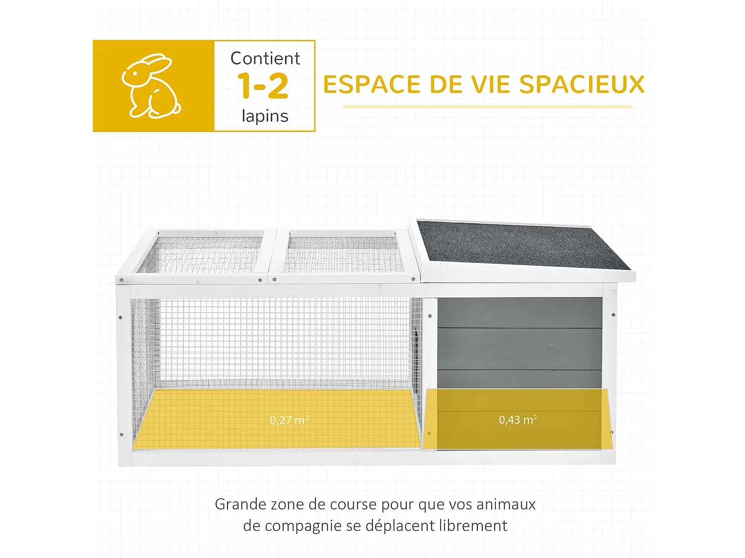 Clapier de sol enclos extérieur niche porte double toit ouvrant fil métallique bois sapin pré-huilé peint gris blanc