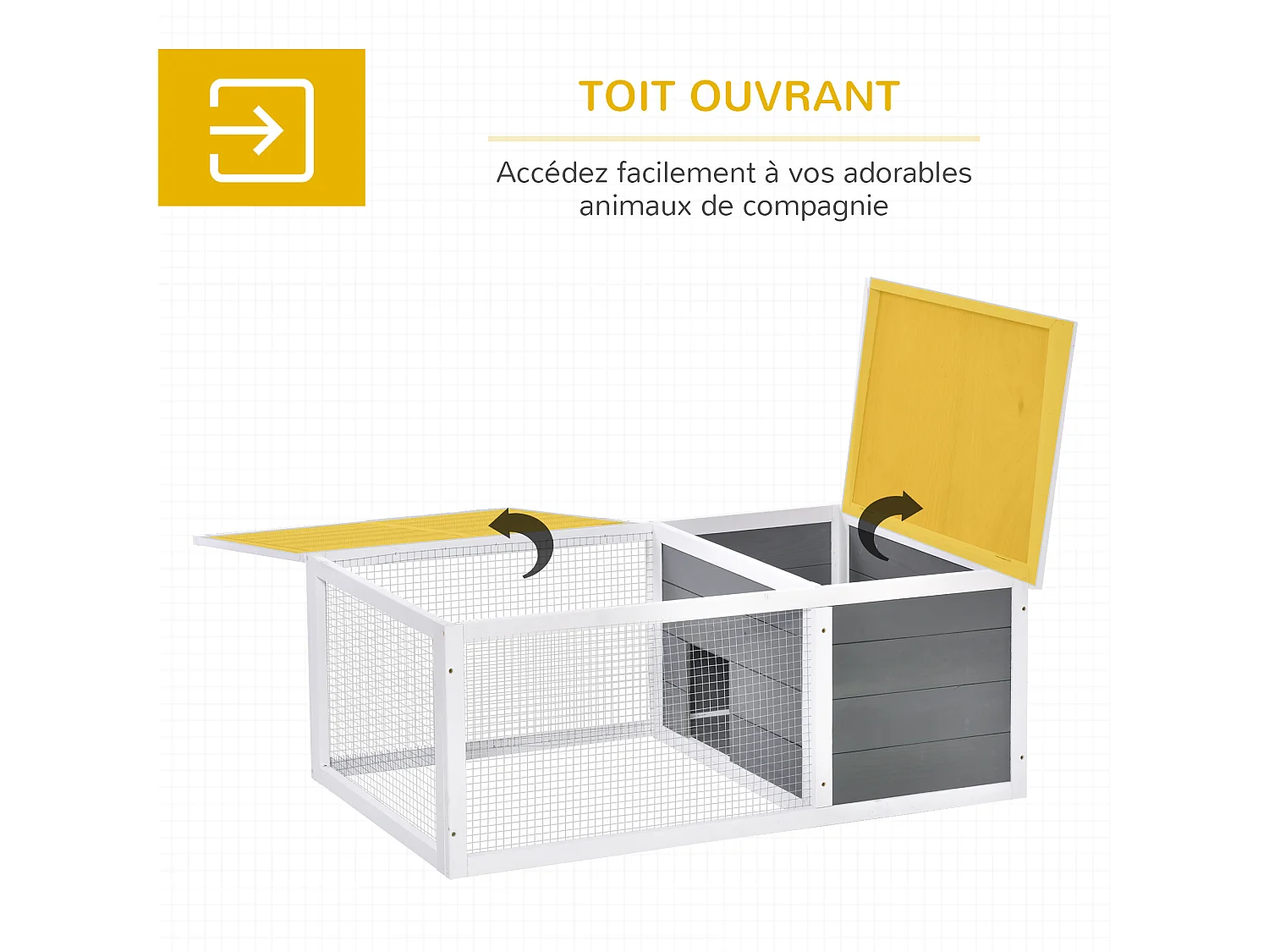 Clapier de sol enclos extérieur niche porte double toit ouvrant fil métallique bois sapin pré-huilé peint gris blanc