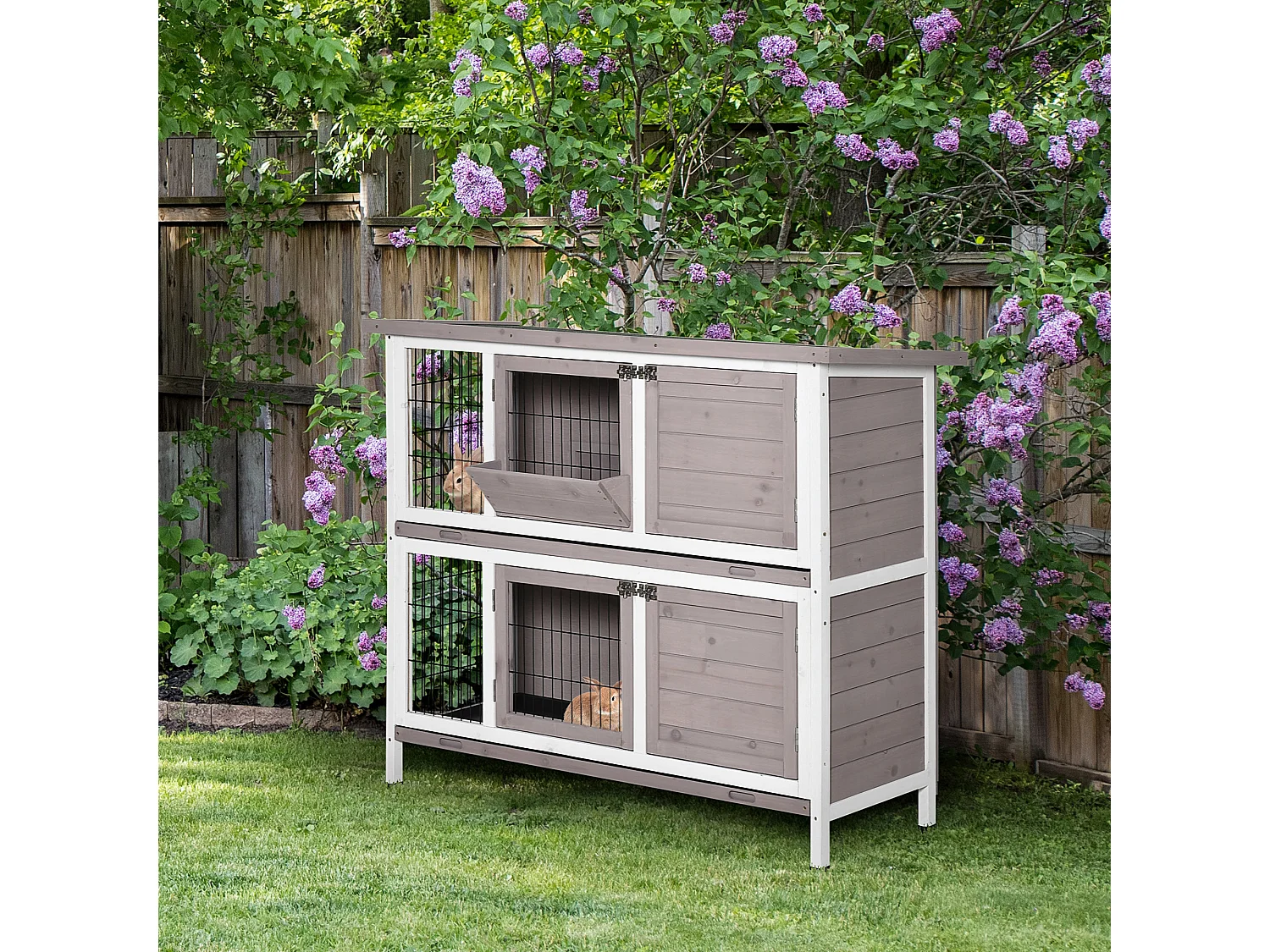 Clapier à lapin cage à lapin 2 étages trappe de séparation amovible 4 portes verrouillables 2 plateaux coulissants rampe toit ouvrant bois de sapin gris blanc