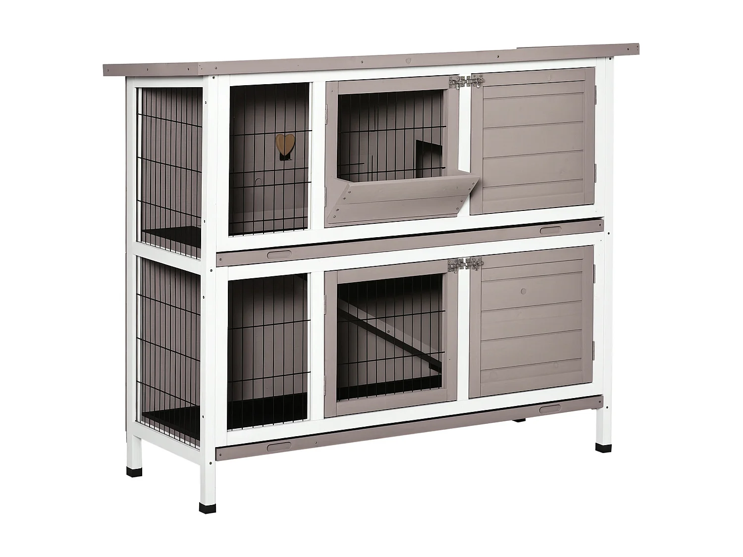 Clapier à lapin cage à lapin 2 étages trappe de séparation amovible 4 portes verrouillables 2 plateaux coulissants rampe toit ouvrant bois de sapin gris blanc