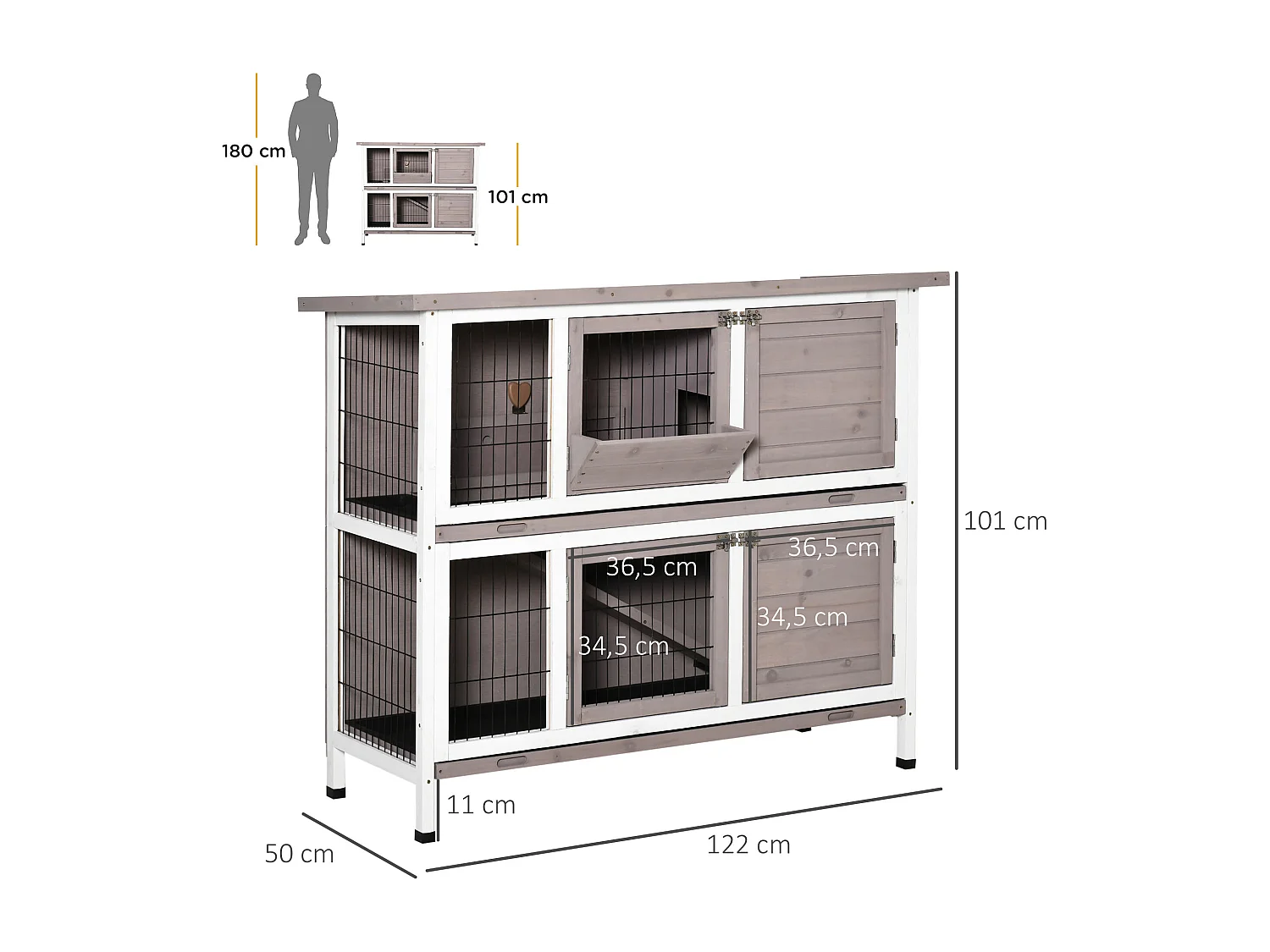 Clapier à lapin cage à lapin 2 étages trappe de séparation amovible 4 portes verrouillables 2 plateaux coulissants rampe toit ouvrant bois de sapin gris blanc