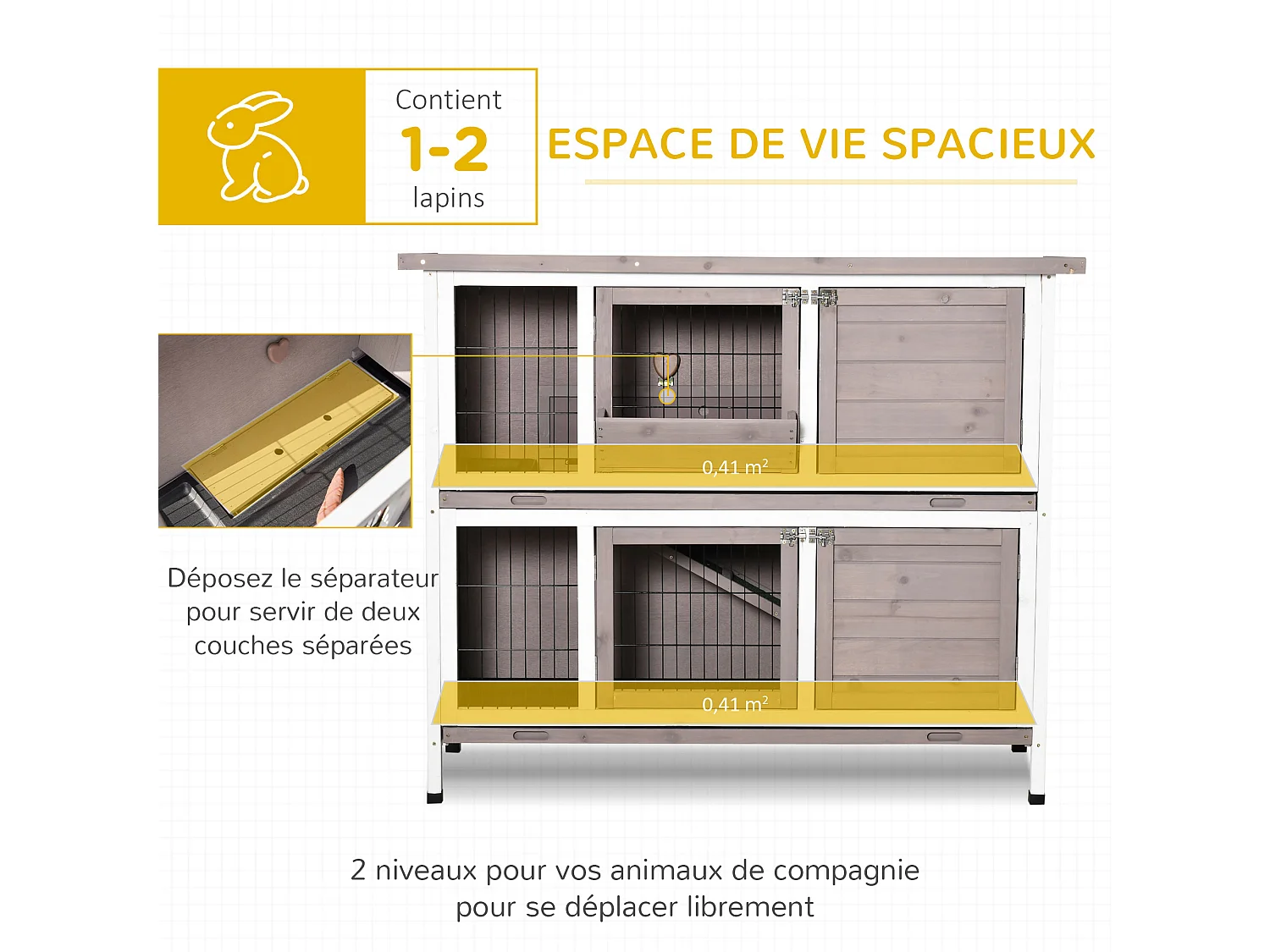 Clapier à lapin cage à lapin 2 étages trappe de séparation amovible 4 portes verrouillables 2 plateaux coulissants rampe toit ouvrant bois de sapin gris blanc