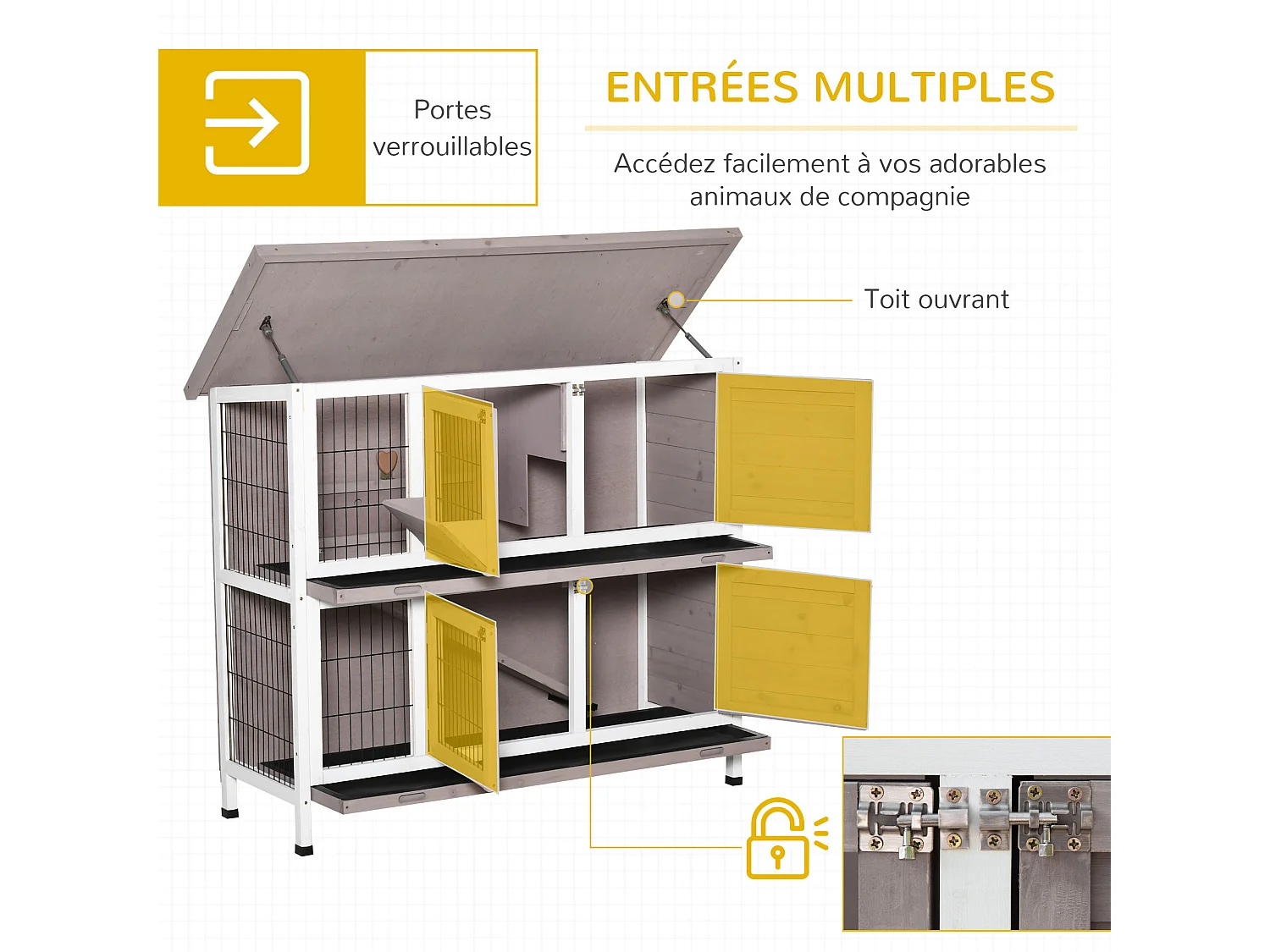 Clapier à lapin cage à lapin 2 étages trappe de séparation amovible 4 portes verrouillables 2 plateaux coulissants rampe toit ouvrant bois de sapin gris blanc