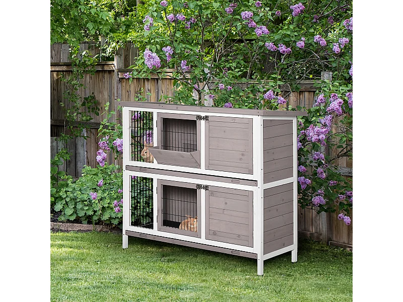 Clapier à lapin cage à lapin 2 étages trappe de séparation amovible 4 portes verrouillables 2 plateaux coulissants rampe toit ouvrant bois de sapin gris blanc