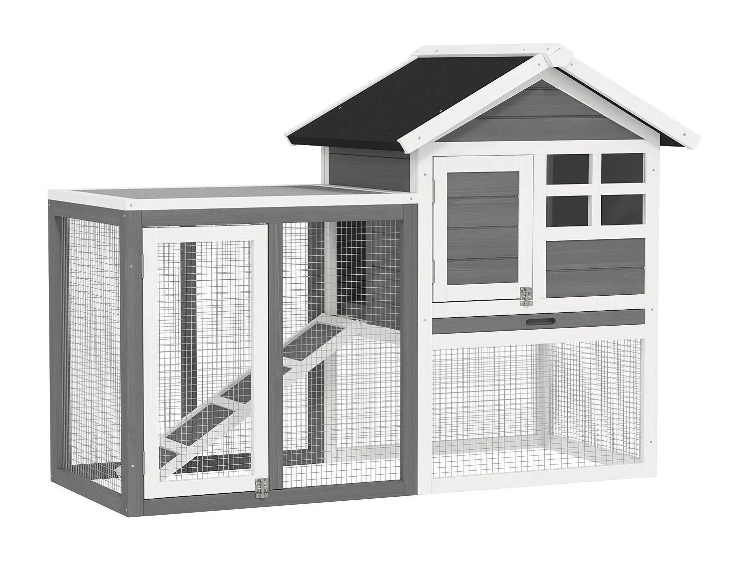 Clapier cage à lapins multi-équipé : niche supérieure avec rampe, plateau excrément, fenêtre + enclos  extérieur sécurisé 2 portes 122L x 63l x 92H cm gris