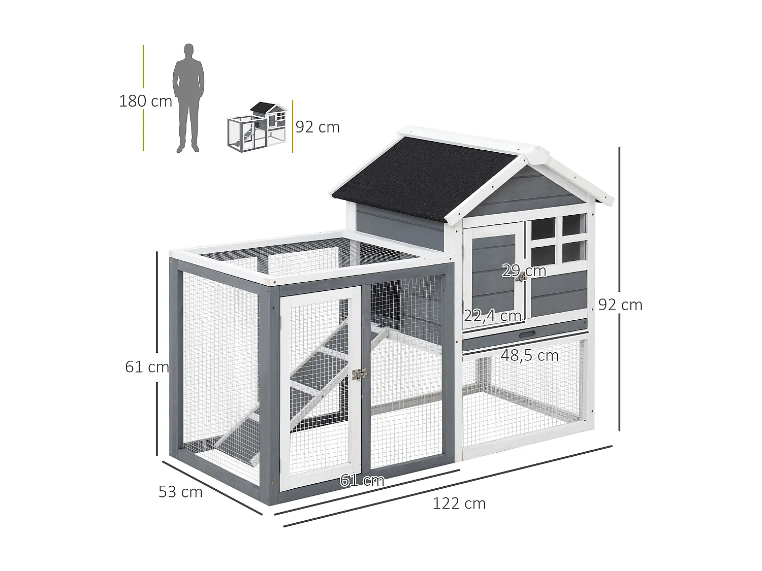 Clapier cage à lapins multi-équipé : niche supérieure avec rampe, plateau excrément, fenêtre + enclos  extérieur sécurisé 2 portes 122L x 63l x 92H cm gris