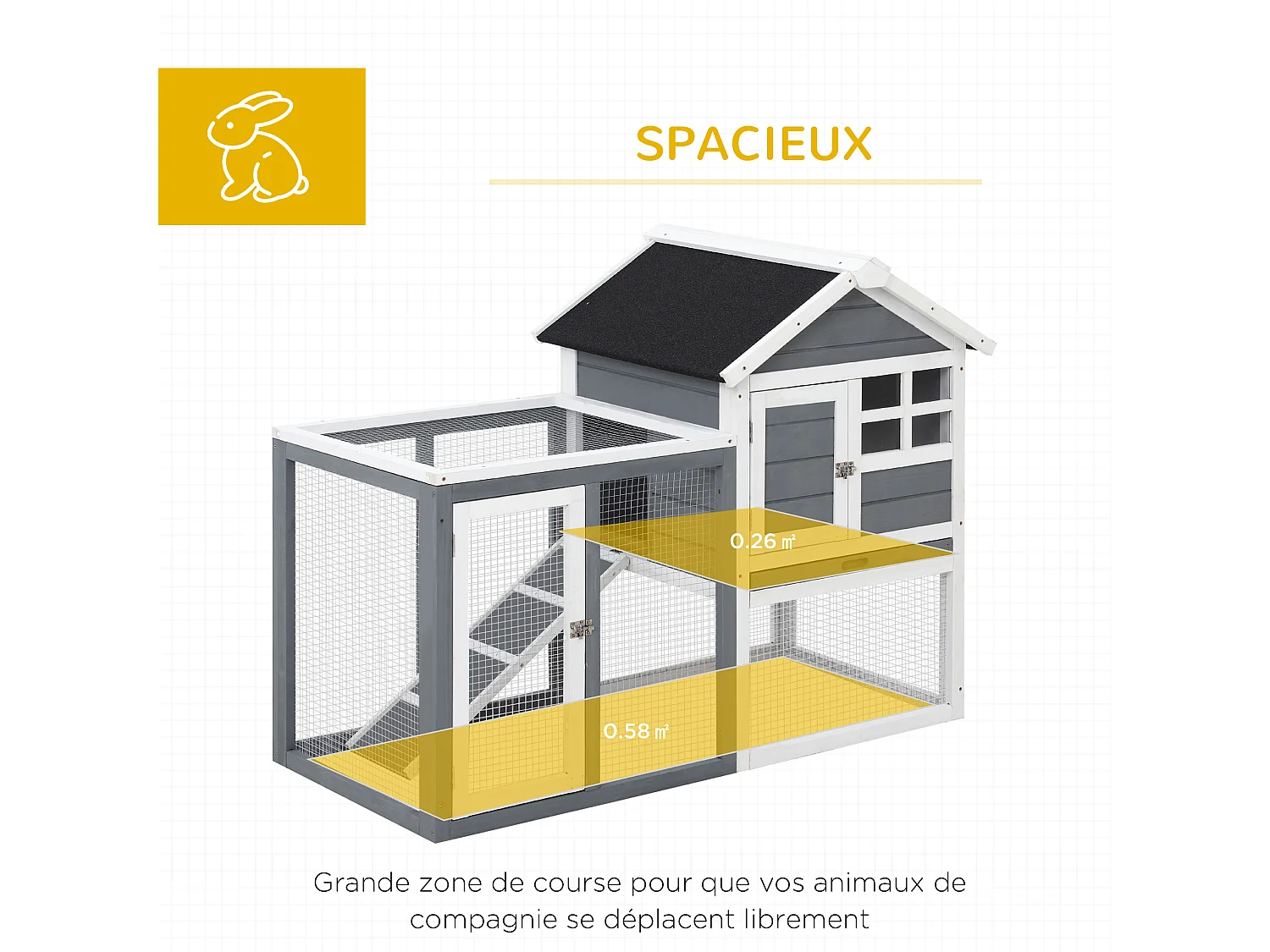 Clapier cage à lapins multi-équipé : niche supérieure avec rampe, plateau excrément, fenêtre + enclos  extérieur sécurisé 2 portes 122L x 63l x 92H cm gris