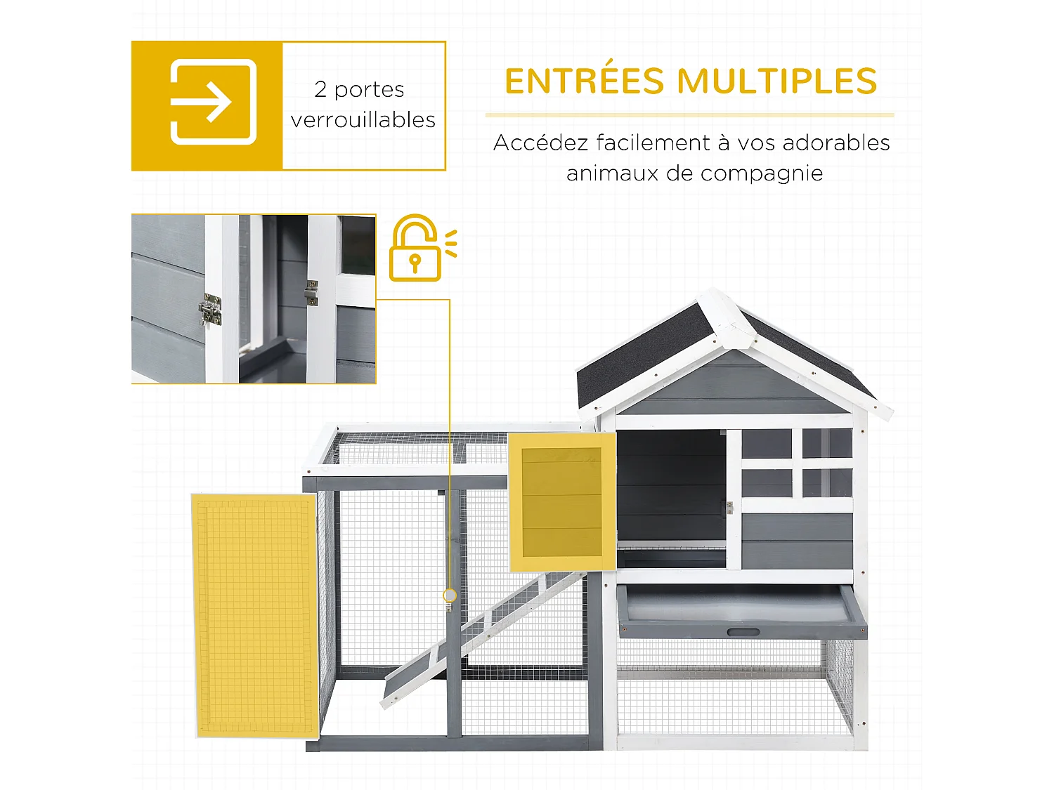 Clapier cage à lapins multi-équipé : niche supérieure avec rampe, plateau excrément, fenêtre + enclos  extérieur sécurisé 2 portes 122L x 63l x 92H cm gris