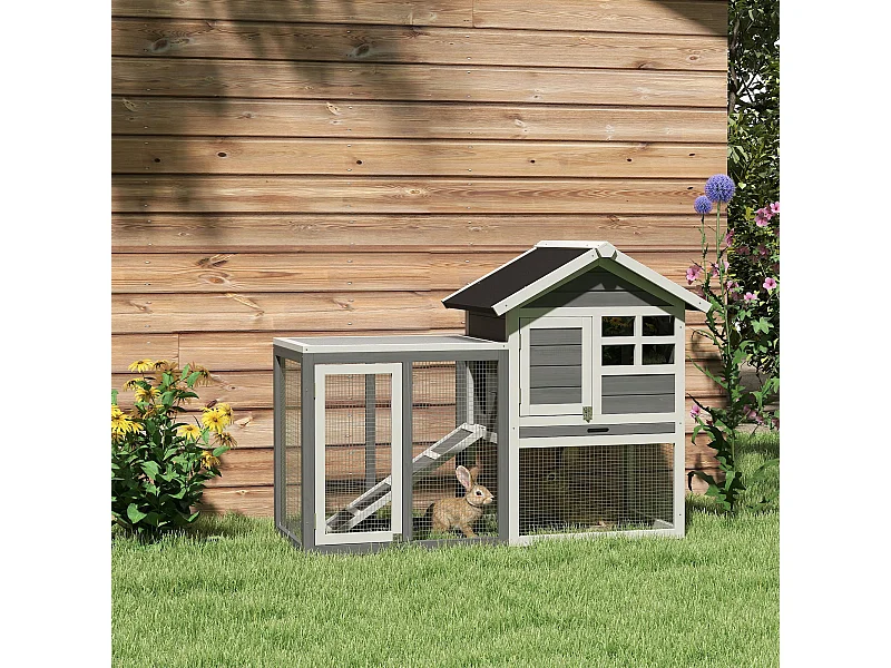 Clapier cage à lapins multi-équipé : niche supérieure avec rampe, plateau excrément, fenêtre + enclos  extérieur sécurisé 2 portes 122L x 63l x 92H cm gris