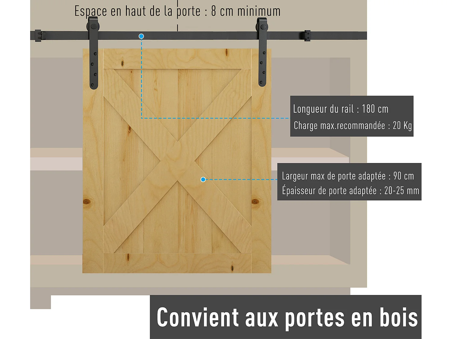HOMCOM Kit de porte coulissante système galandage avec porte épaisseur 20-25 mm largeur max. 0,9 m charge max. 20 Kg acier noir