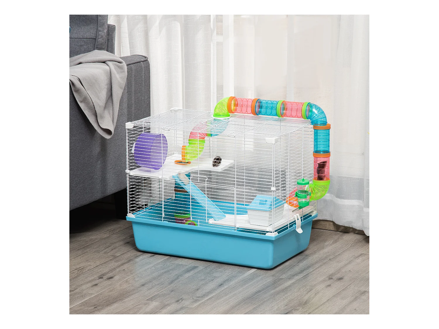 Cage à hamsters 3 niveaux - tunnel, abreuvoir, roue, maisonnette, échelles - dim. 59L x 36l x 47H cm - métal PP bleu blanc