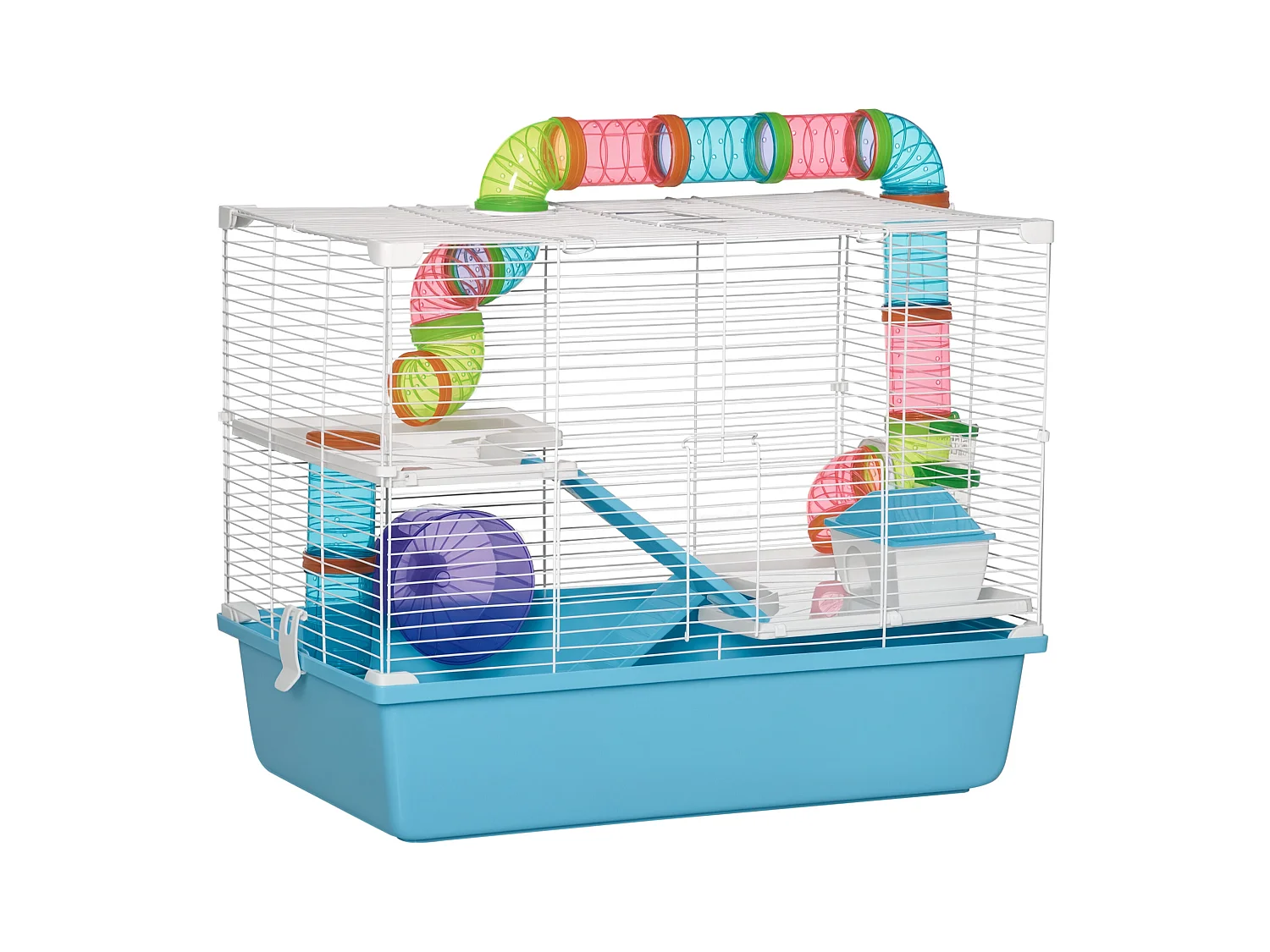 Cage à hamsters 3 niveaux - tunnel, abreuvoir, roue, maisonnette, échelles - dim. 59L x 36l x 47H cm - métal PP bleu blanc