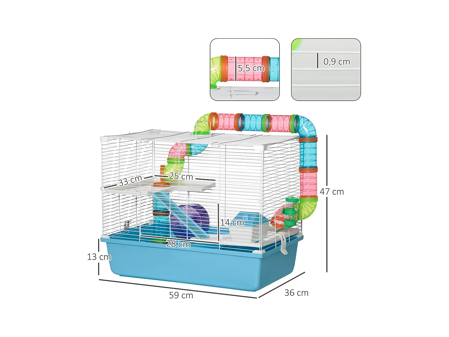 Cage à hamsters 3 niveaux - tunnel, abreuvoir, roue, maisonnette, échelles - dim. 59L x 36l x 47H cm - métal PP bleu blanc