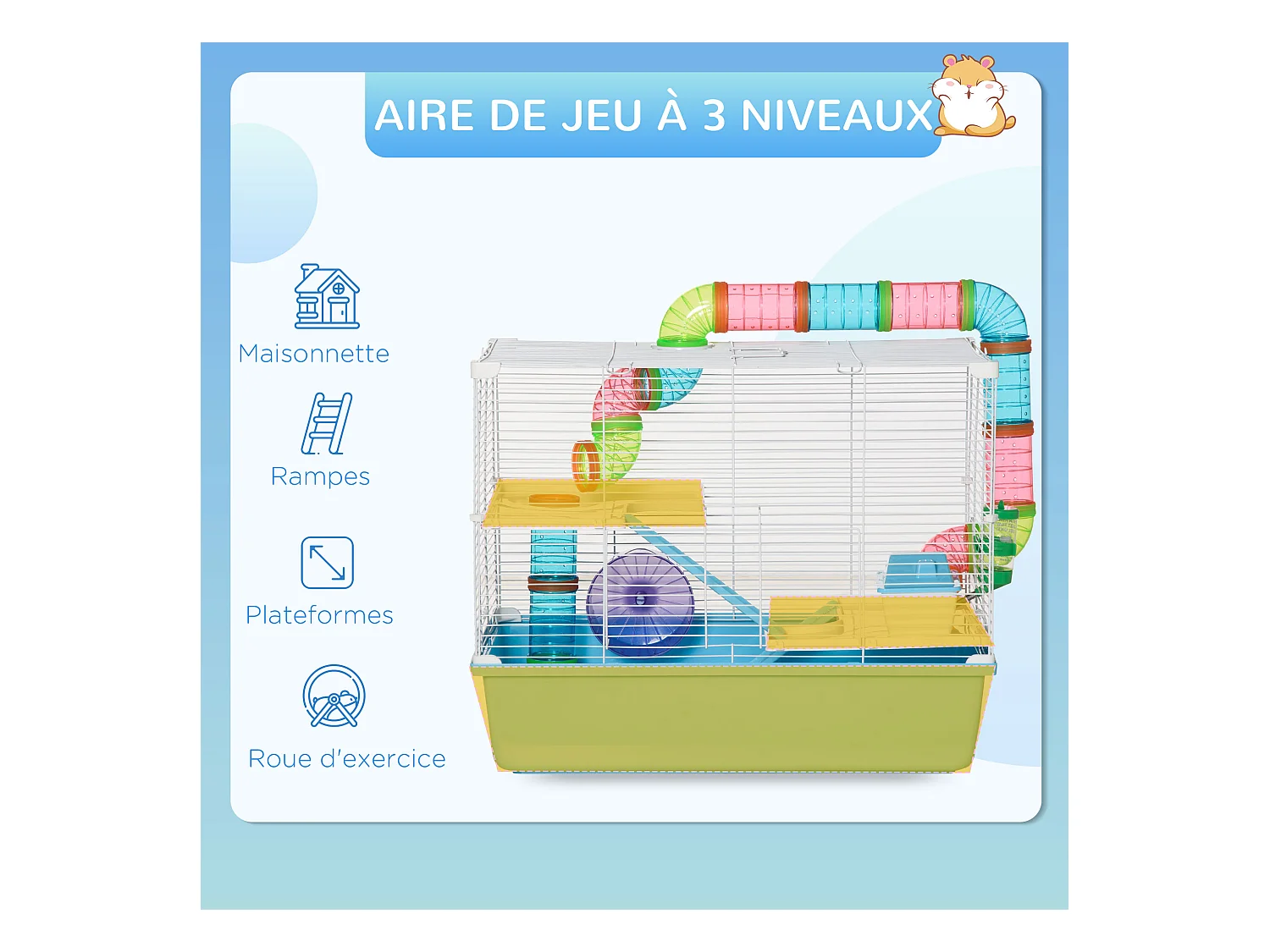 Cage à hamsters 3 niveaux - tunnel, abreuvoir, roue, maisonnette, échelles - dim. 59L x 36l x 47H cm - métal PP bleu blanc