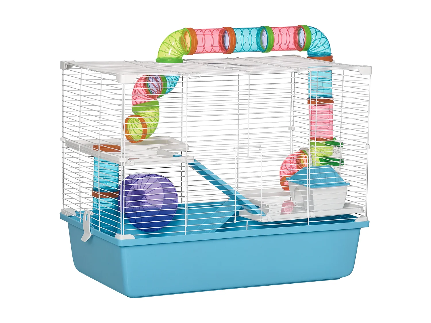 Cage à hamsters 3 niveaux - tunnel, abreuvoir, roue, maisonnette, échelles - dim. 59L x 36l x 47H cm - métal PP bleu blanc