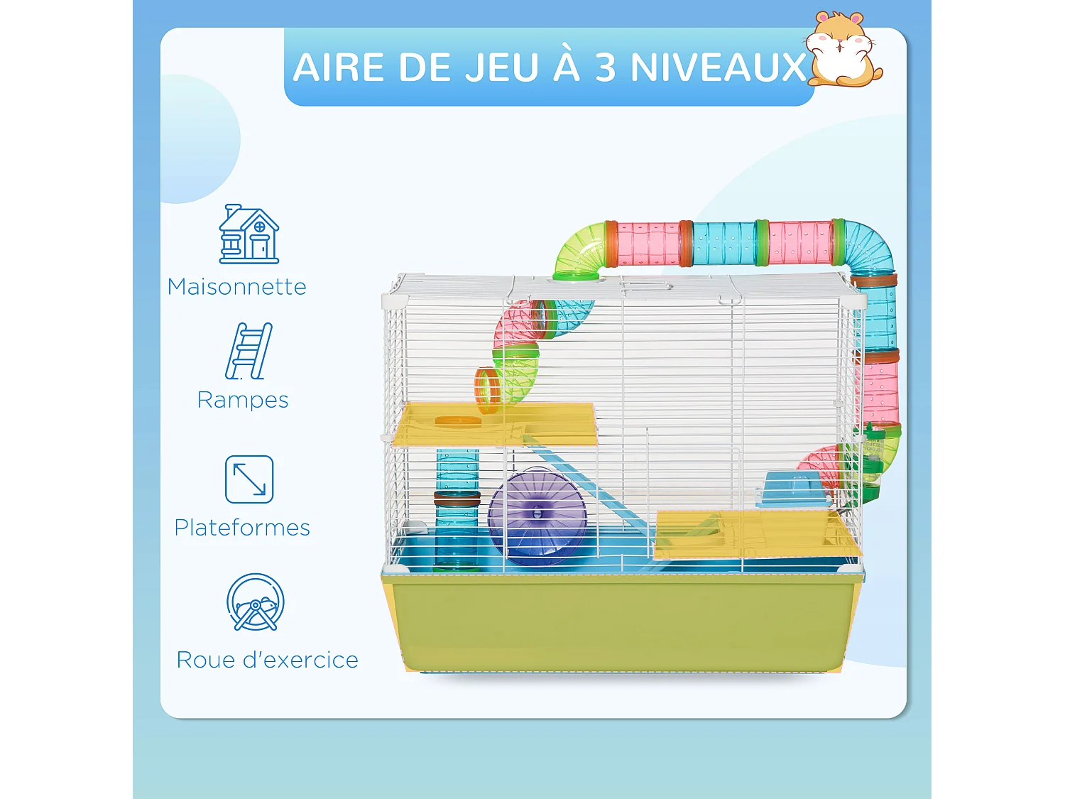 Cage à hamsters 3 niveaux - tunnel, abreuvoir, roue, maisonnette, échelles - dim. 59L x 36l x 47H cm - métal PP bleu blanc