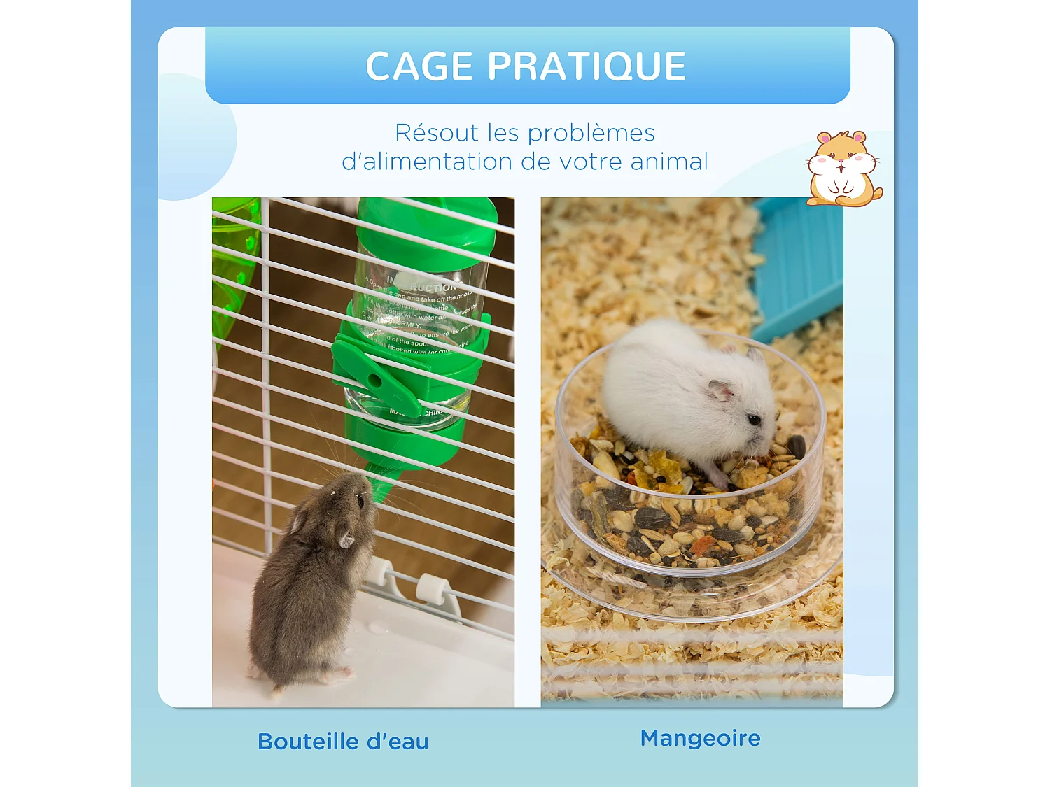 Cage à hamsters 3 niveaux - tunnel, abreuvoir, roue, maisonnette, échelles - dim. 59L x 36l x 47H cm - métal PP bleu blanc