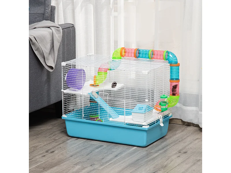 Cage à hamsters 3 niveaux - tunnel, abreuvoir, roue, maisonnette, échelles - dim. 59L x 36l x 47H cm - métal PP bleu blanc
