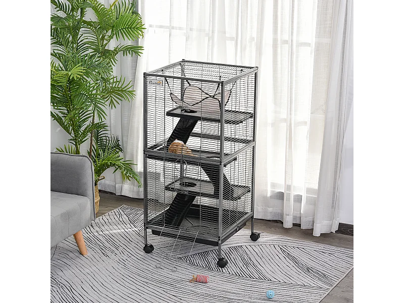 Cage pour petits animaux portable avec 2 portes hamac métal PP 52 x 52 x 113,5 cm gris