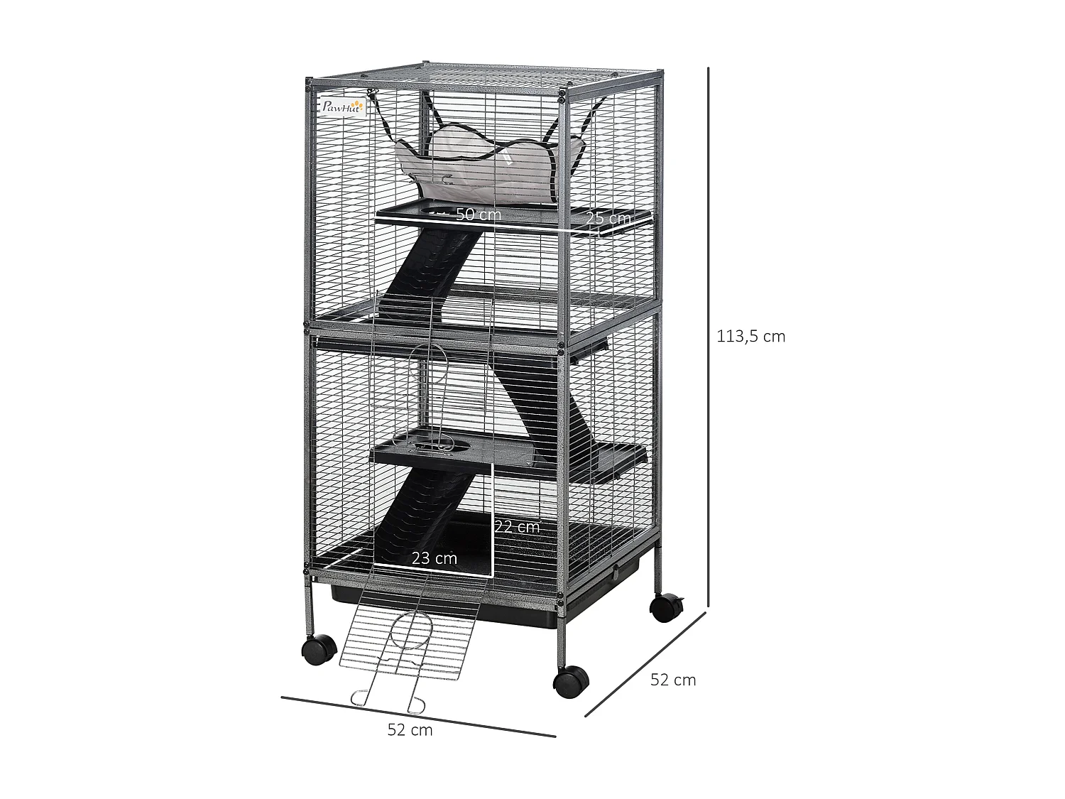 Cage pour petits animaux portable avec 2 portes hamac métal PP 52 x 52 x 113,5 cm gris