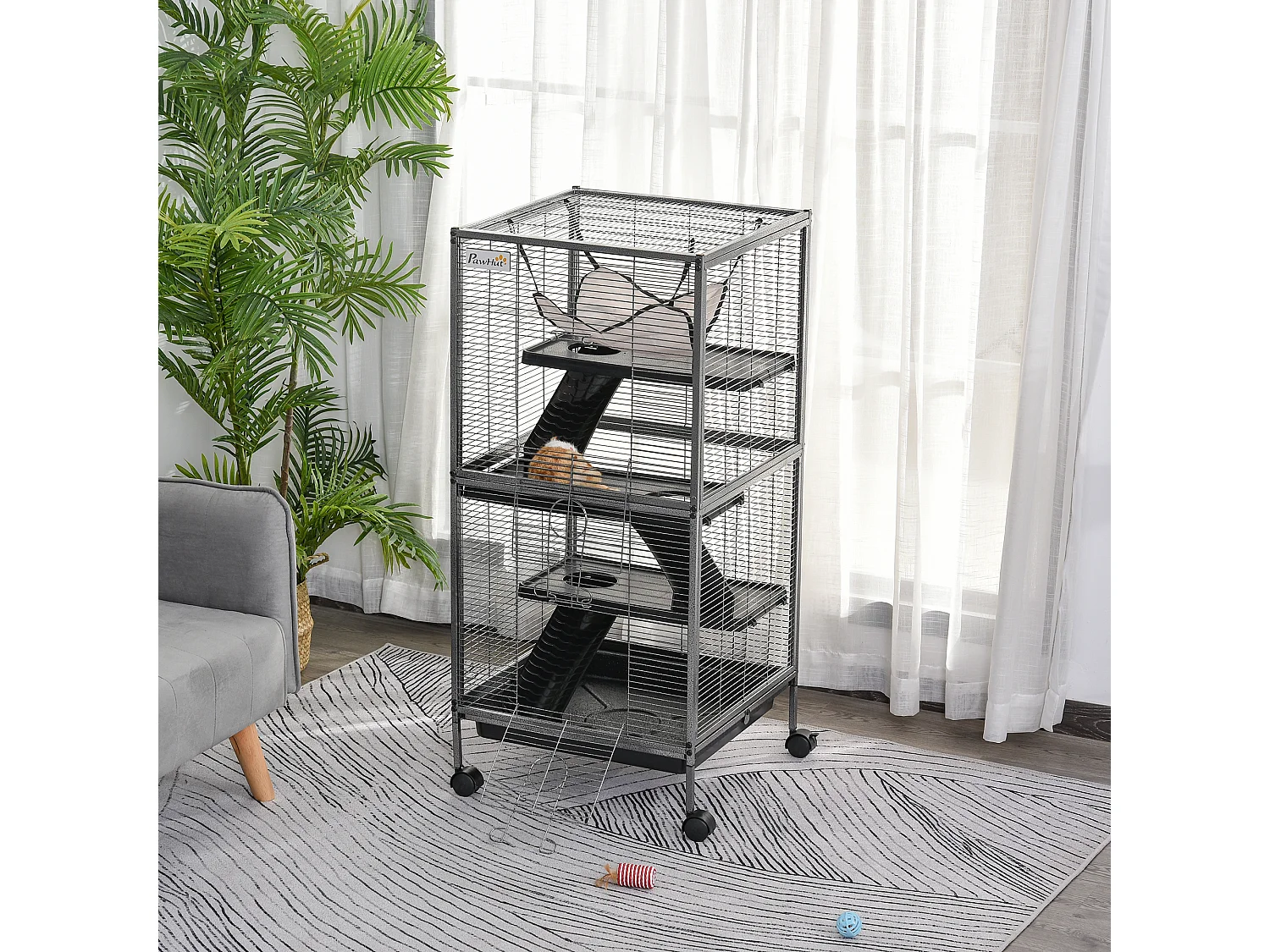 Cage pour petits animaux portable avec 2 portes hamac métal PP 52 x 52 x 113,5 cm gris