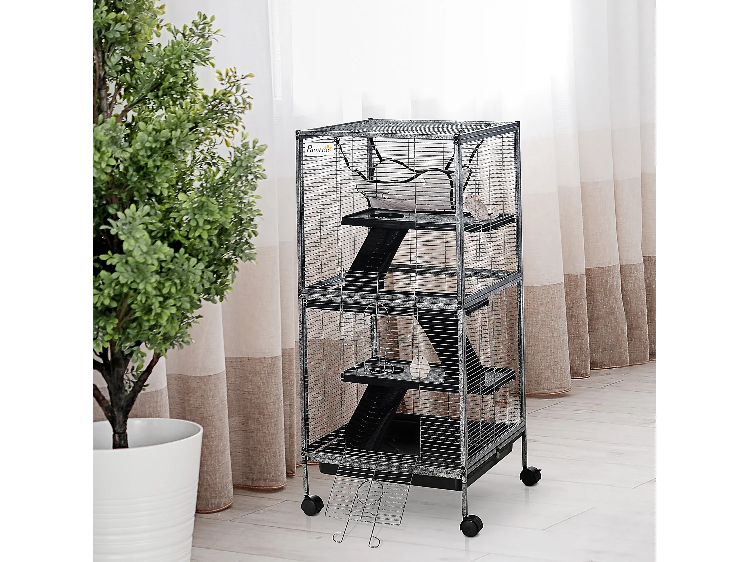 Cage pour petits animaux portable avec 2 portes hamac métal PP 52 x 52 x 113,5 cm gris