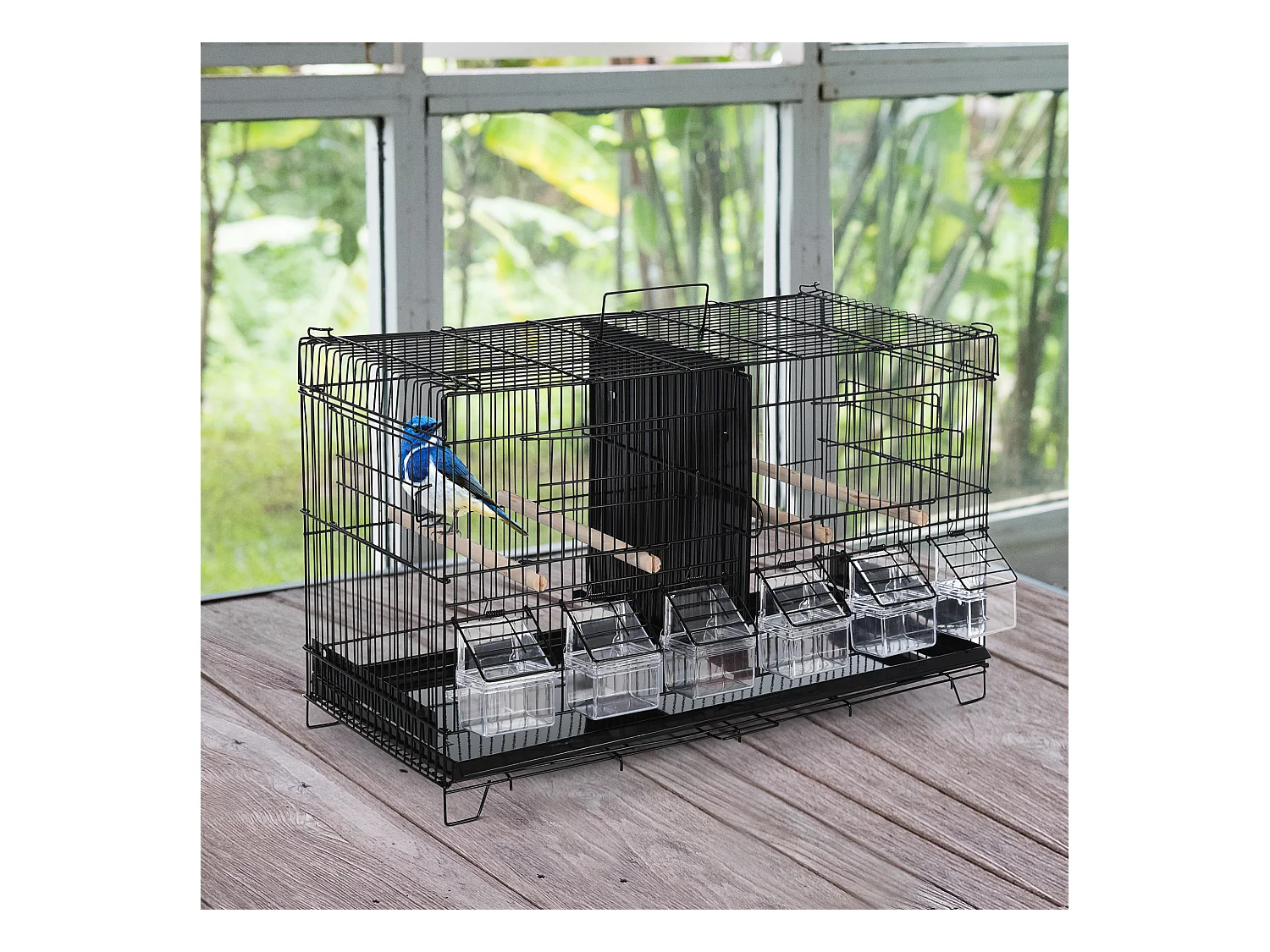 PawHut Cage à oiseaux dim. 59,5L x 29,8I x 35,3H cm mangeoires perchoirs 4 portes plateau excrément amovible + poignée transport métal PP noir