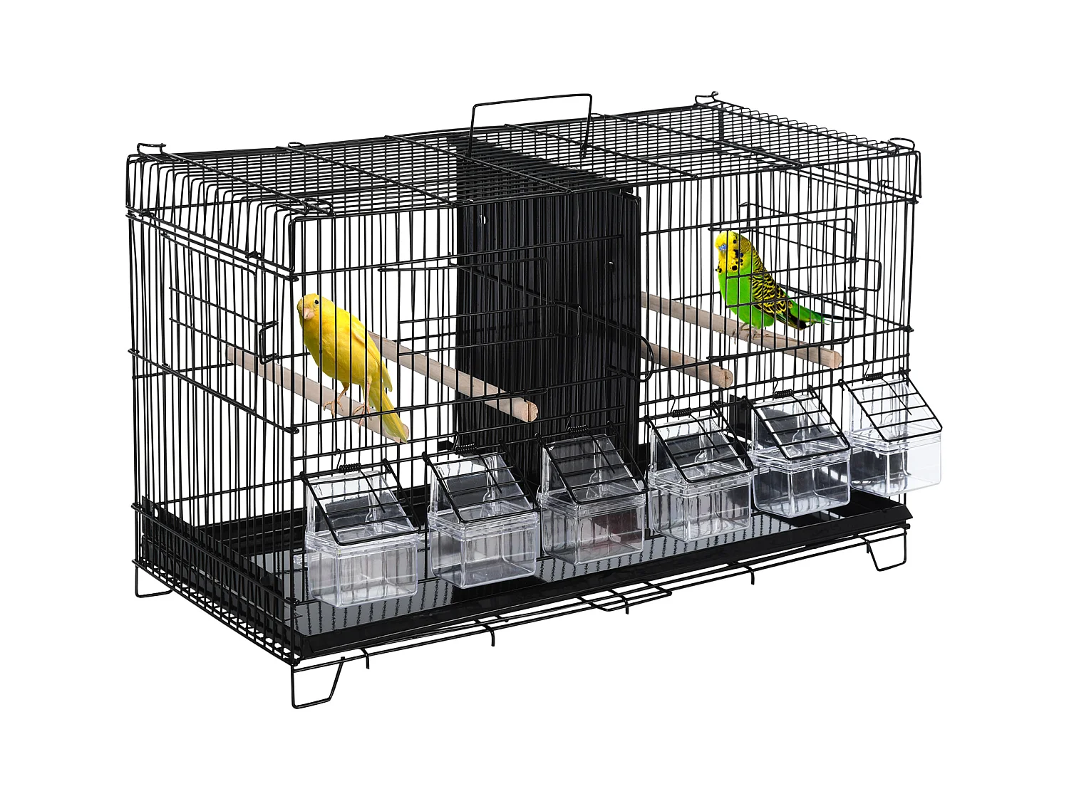 PawHut Cage à oiseaux dim. 59,5L x 29,8I x 35,3H cm mangeoires perchoirs 4 portes plateau excrément amovible + poignée transport métal PP noir