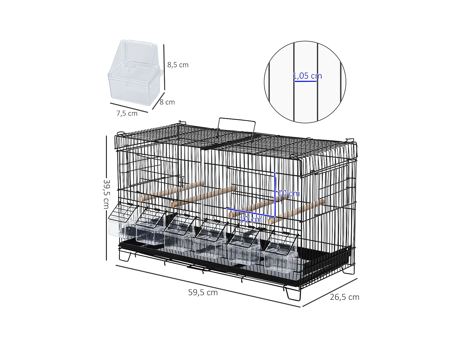PawHut Cage à oiseaux dim. 59,5L x 29,8I x 35,3H cm mangeoires perchoirs 4 portes plateau excrément amovible + poignée transport métal PP noir