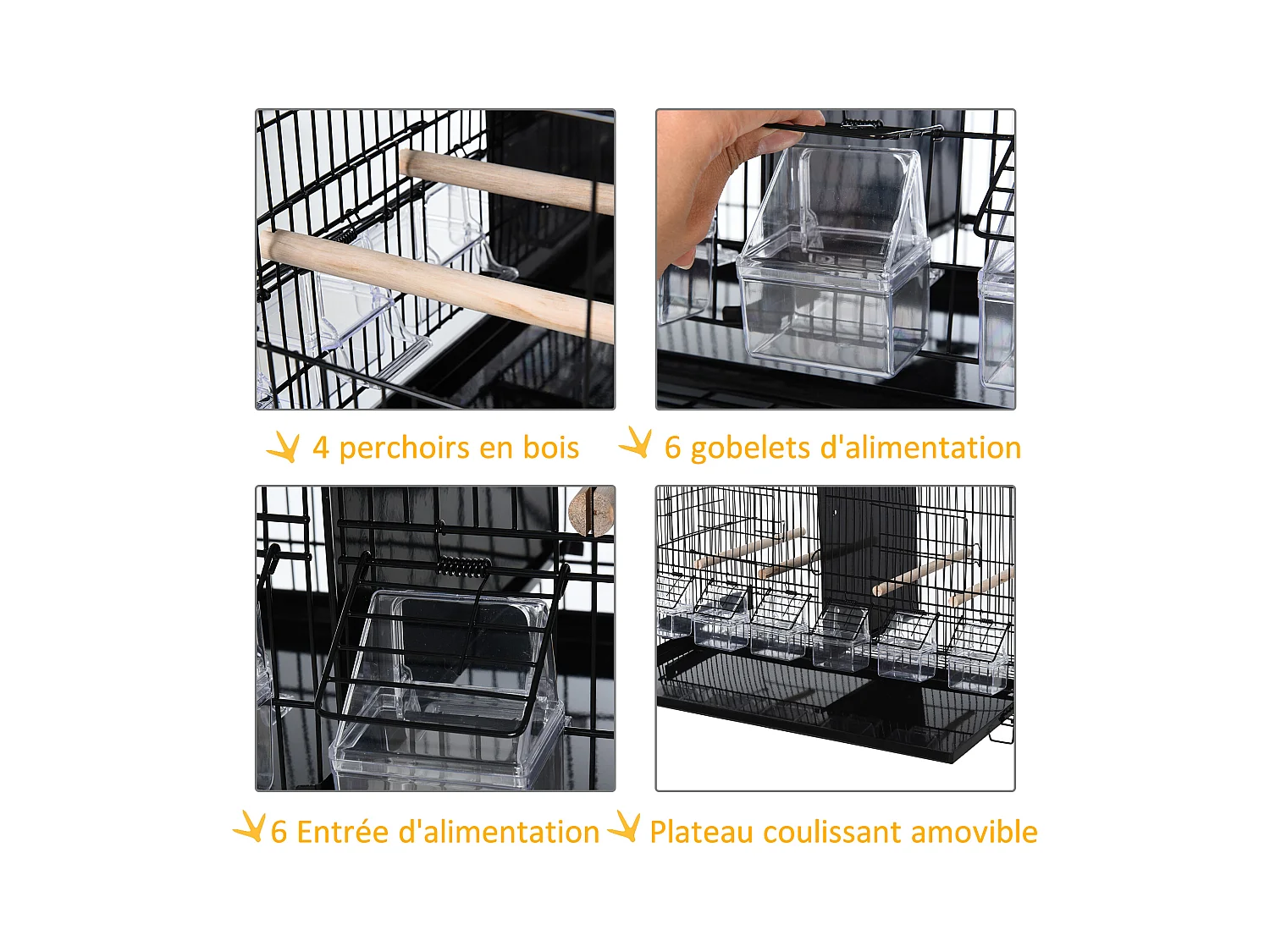 PawHut Cage à oiseaux dim. 59,5L x 29,8I x 35,3H cm mangeoires perchoirs 4 portes plateau excrément amovible + poignée transport métal PP noir