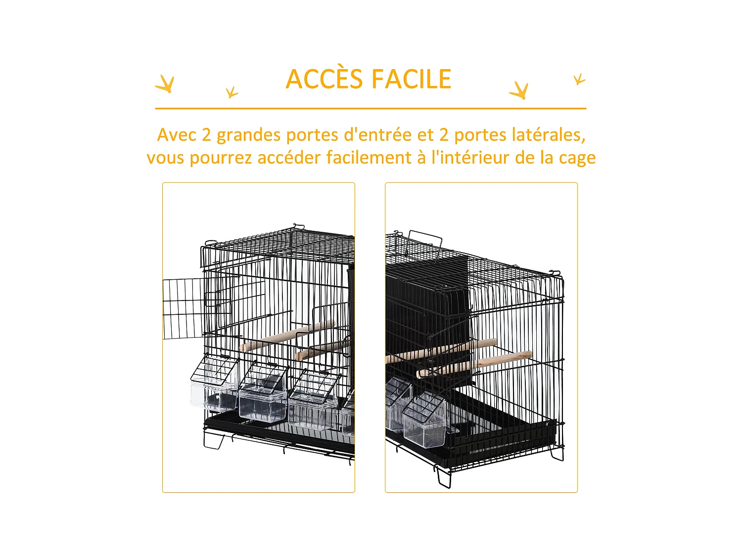 PawHut Cage à oiseaux dim. 59,5L x 29,8I x 35,3H cm mangeoires perchoirs 4 portes plateau excrément amovible + poignée transport métal PP noir