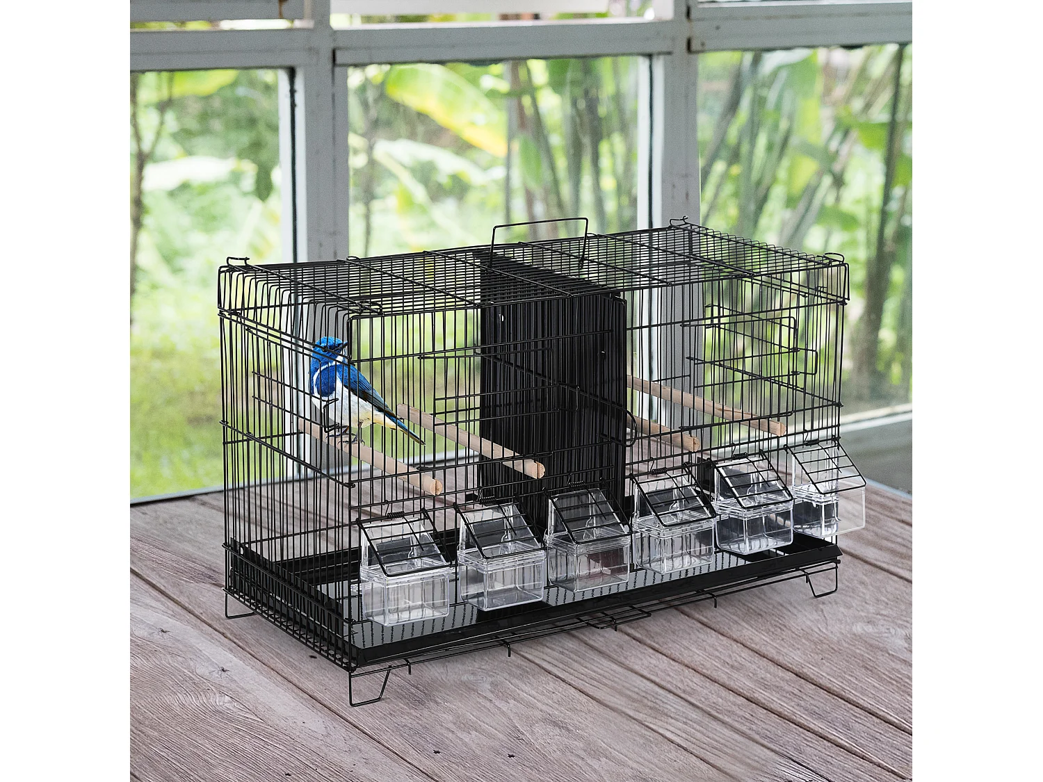 PawHut Cage à oiseaux dim. 59,5L x 29,8I x 35,3H cm mangeoires perchoirs 4 portes plateau excrément amovible + poignée transport métal PP noir