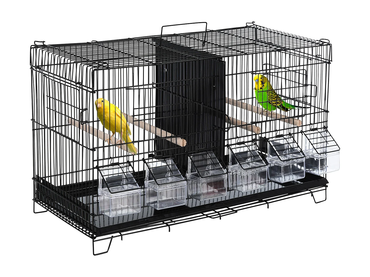 PawHut Cage à oiseaux dim. 59,5L x 29,8I x 35,3H cm mangeoires perchoirs 4 portes plateau excrément amovible + poignée transport métal PP noir
