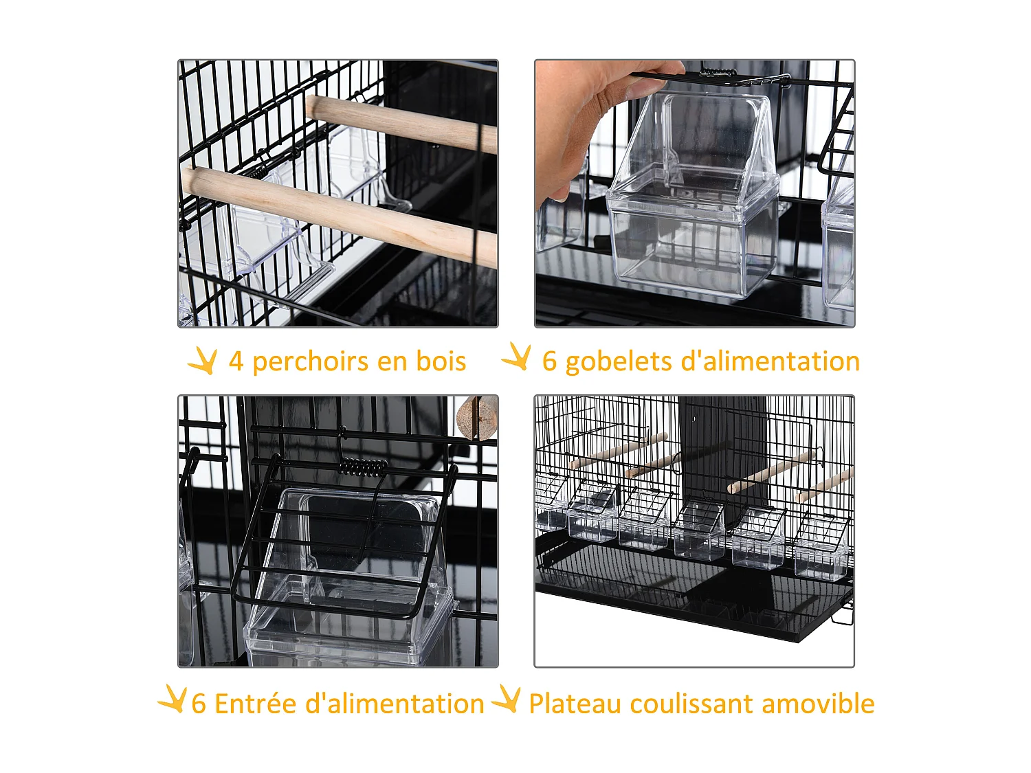 PawHut Cage à oiseaux dim. 59,5L x 29,8I x 35,3H cm mangeoires perchoirs 4 portes plateau excrément amovible + poignée transport métal PP noir