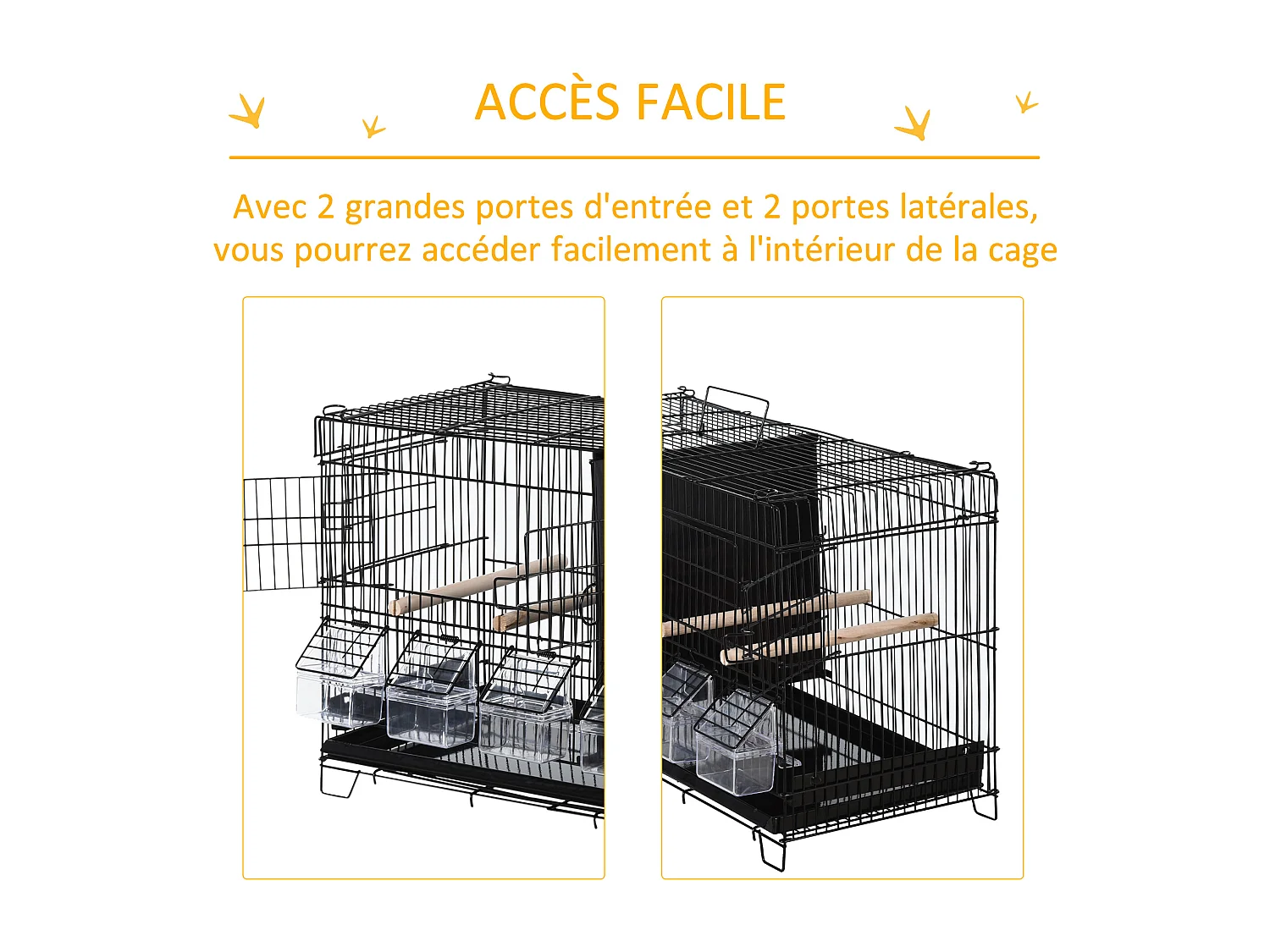 PawHut Cage à oiseaux dim. 59,5L x 29,8I x 35,3H cm mangeoires perchoirs 4 portes plateau excrément amovible + poignée transport métal PP noir