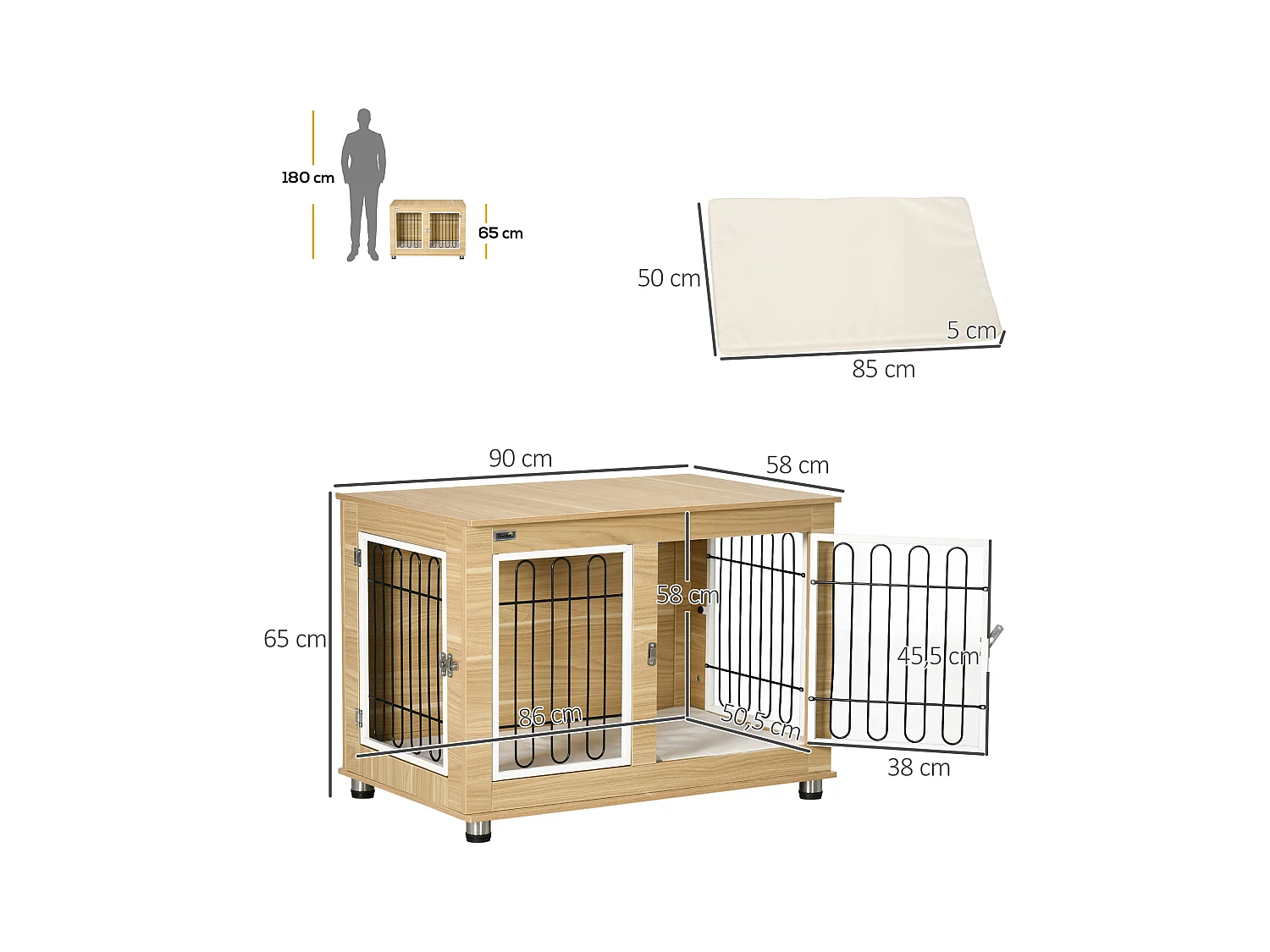 Cage pour chien sur pied - 2 portes verrouillables, coussin déhoussable inclus - acier filaire noir panneaux aspect bois clair