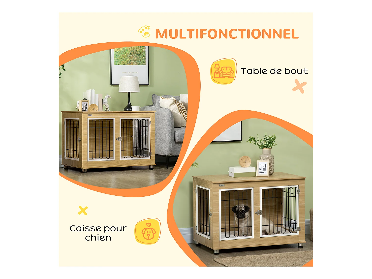 Cage pour chien sur pied - 2 portes verrouillables, coussin déhoussable inclus - acier filaire noir panneaux aspect bois clair