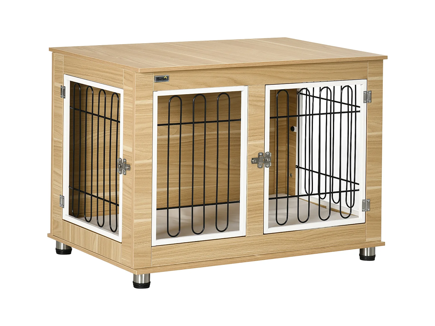 Cage pour chien sur pied - 2 portes verrouillables, coussin déhoussable inclus - acier filaire noir panneaux aspect bois clair