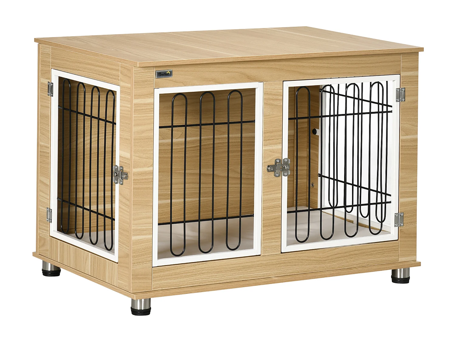 Cage pour chien sur pied - 2 portes verrouillables, coussin déhoussable inclus - acier filaire noir panneaux aspect bois clair