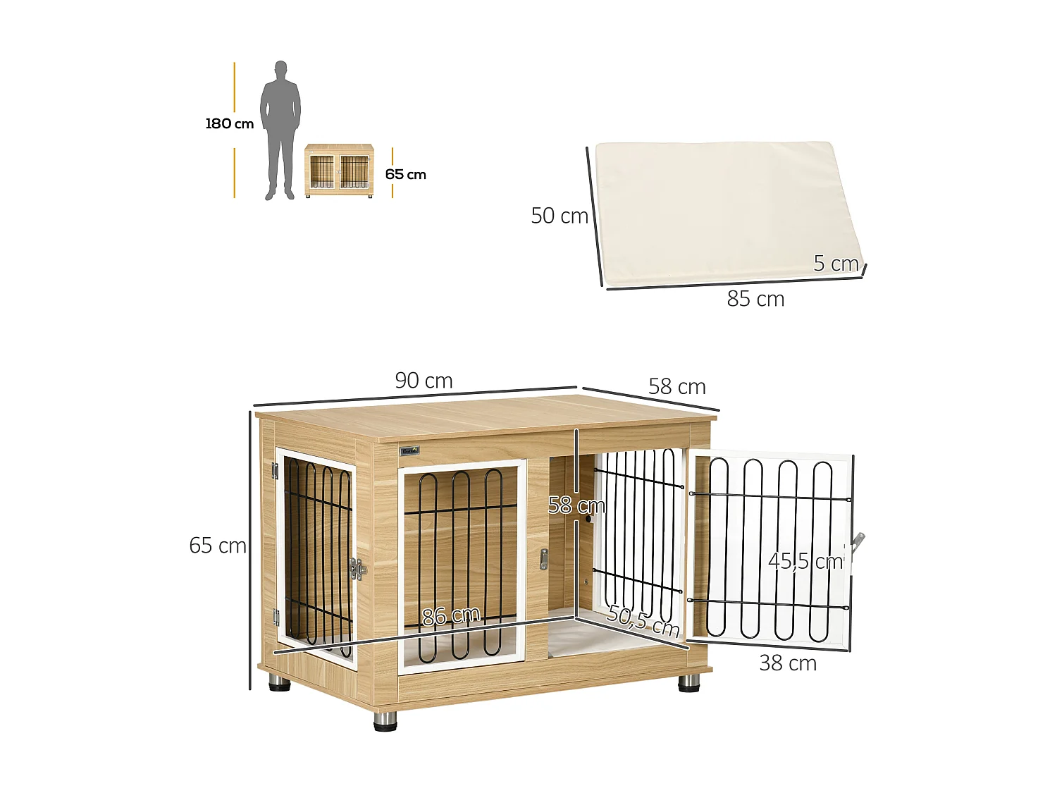 Cage pour chien sur pied - 2 portes verrouillables, coussin déhoussable inclus - acier filaire noir panneaux aspect bois clair