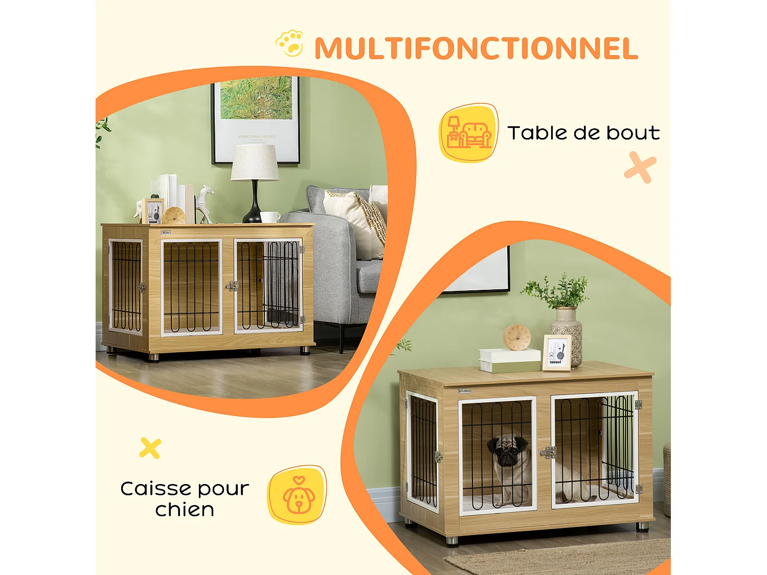 Cage pour chien sur pied - 2 portes verrouillables, coussin déhoussable inclus - acier filaire noir panneaux aspect bois clair