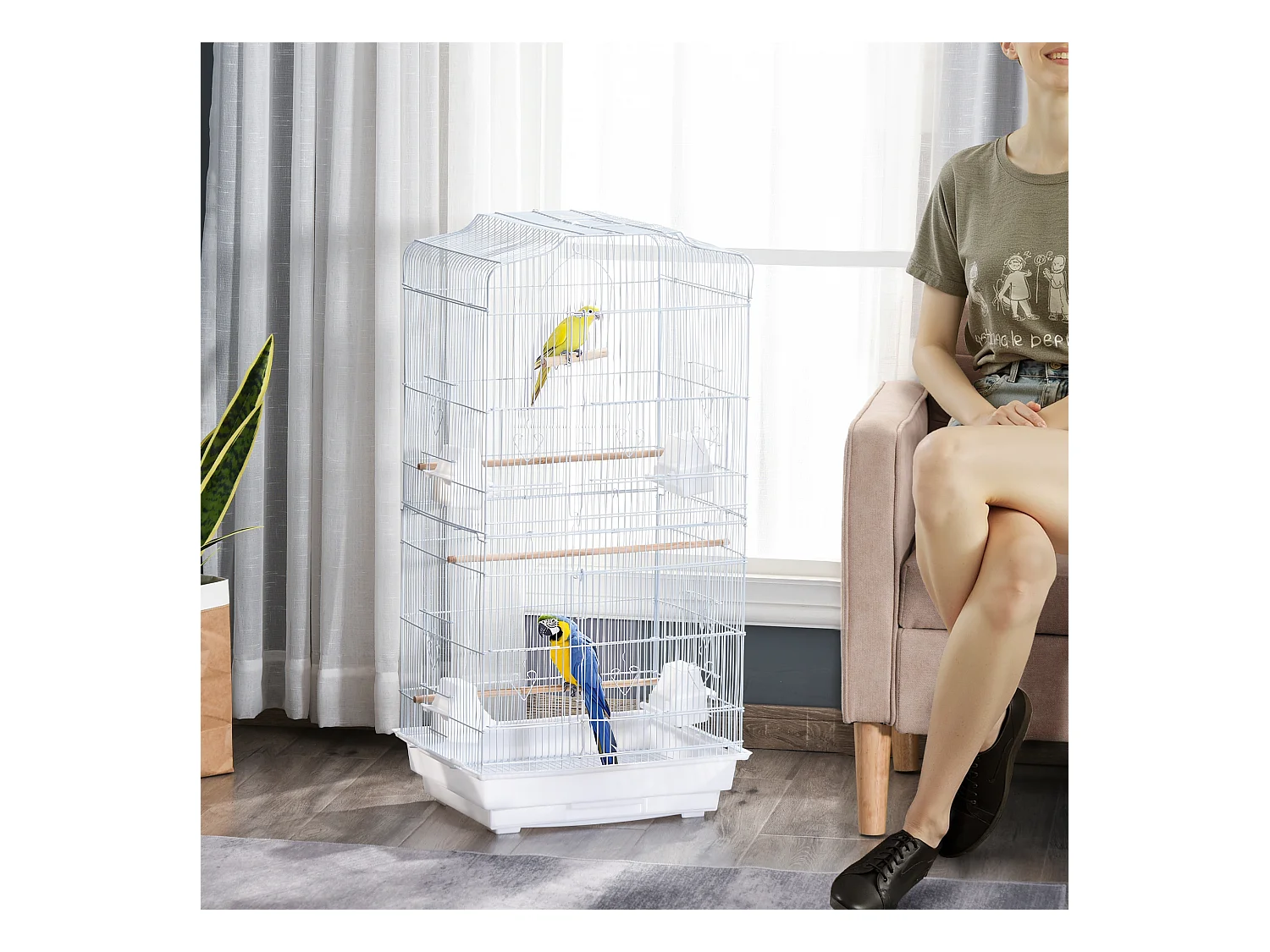 Cage à oiseaux volière avec mangeoires perchoirs plateau amovible 2 portes dim. 46,5L x 35,5l x 92H cm métal blanc