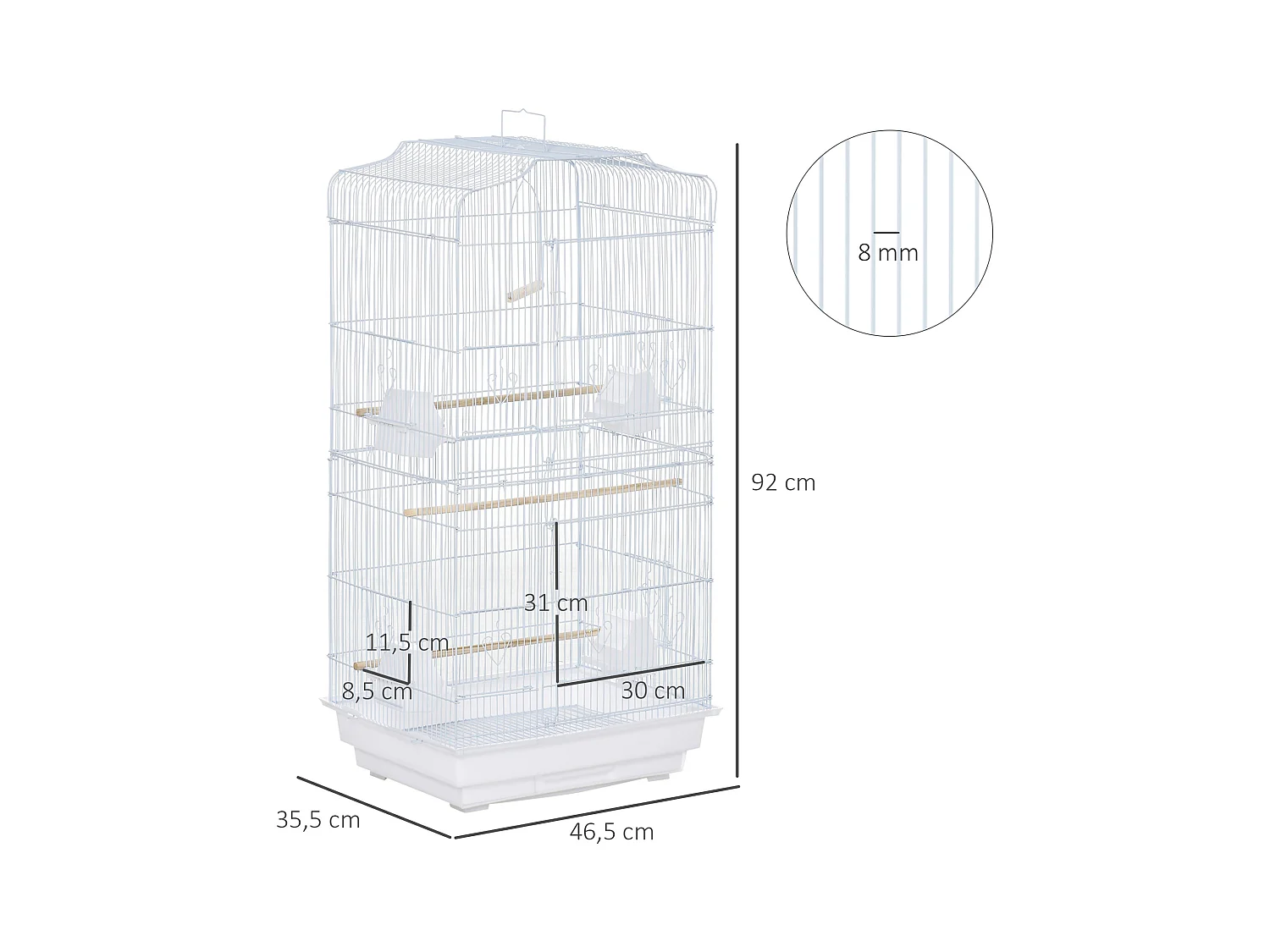 Cage à oiseaux volière avec mangeoires perchoirs plateau amovible 2 portes dim. 46,5L x 35,5l x 92H cm métal blanc