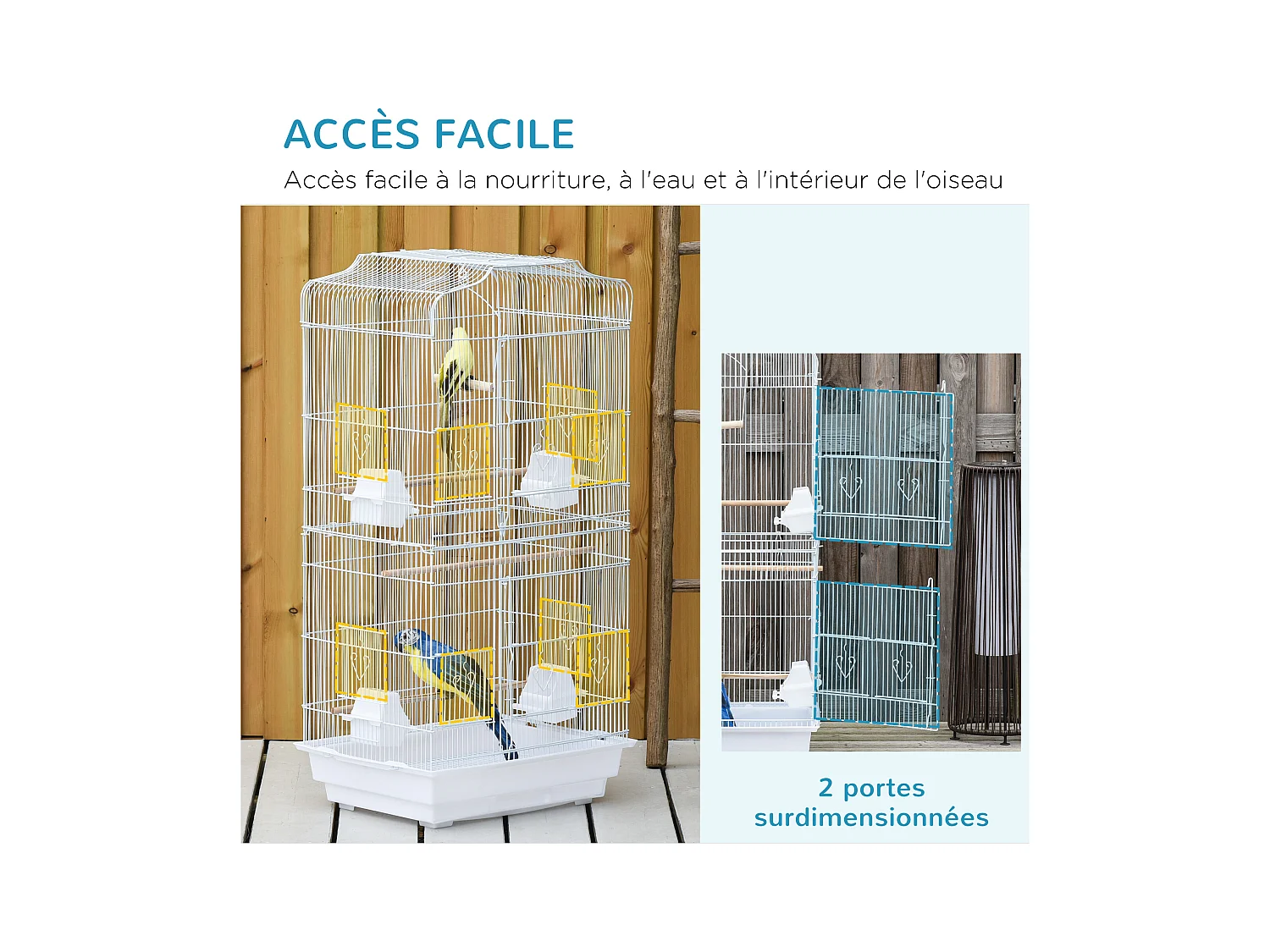 Cage à oiseaux volière avec mangeoires perchoirs plateau amovible 2 portes dim. 46,5L x 35,5l x 92H cm métal blanc