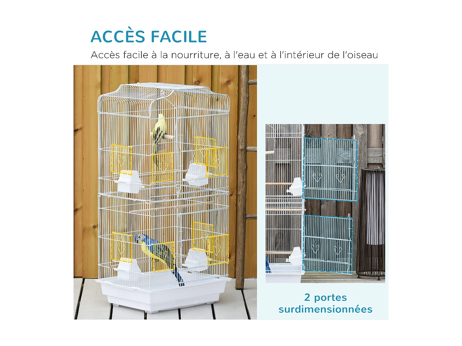 Cage à oiseaux volière avec mangeoires perchoirs plateau amovible 2 portes dim. 46,5L x 35,5l x 92H cm métal blanc
