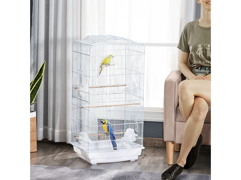 Cage à oiseaux volière avec mangeoires perchoirs plateau amovible 2 portes dim. 46,5L x 35,5l x 92H cm métal blanc